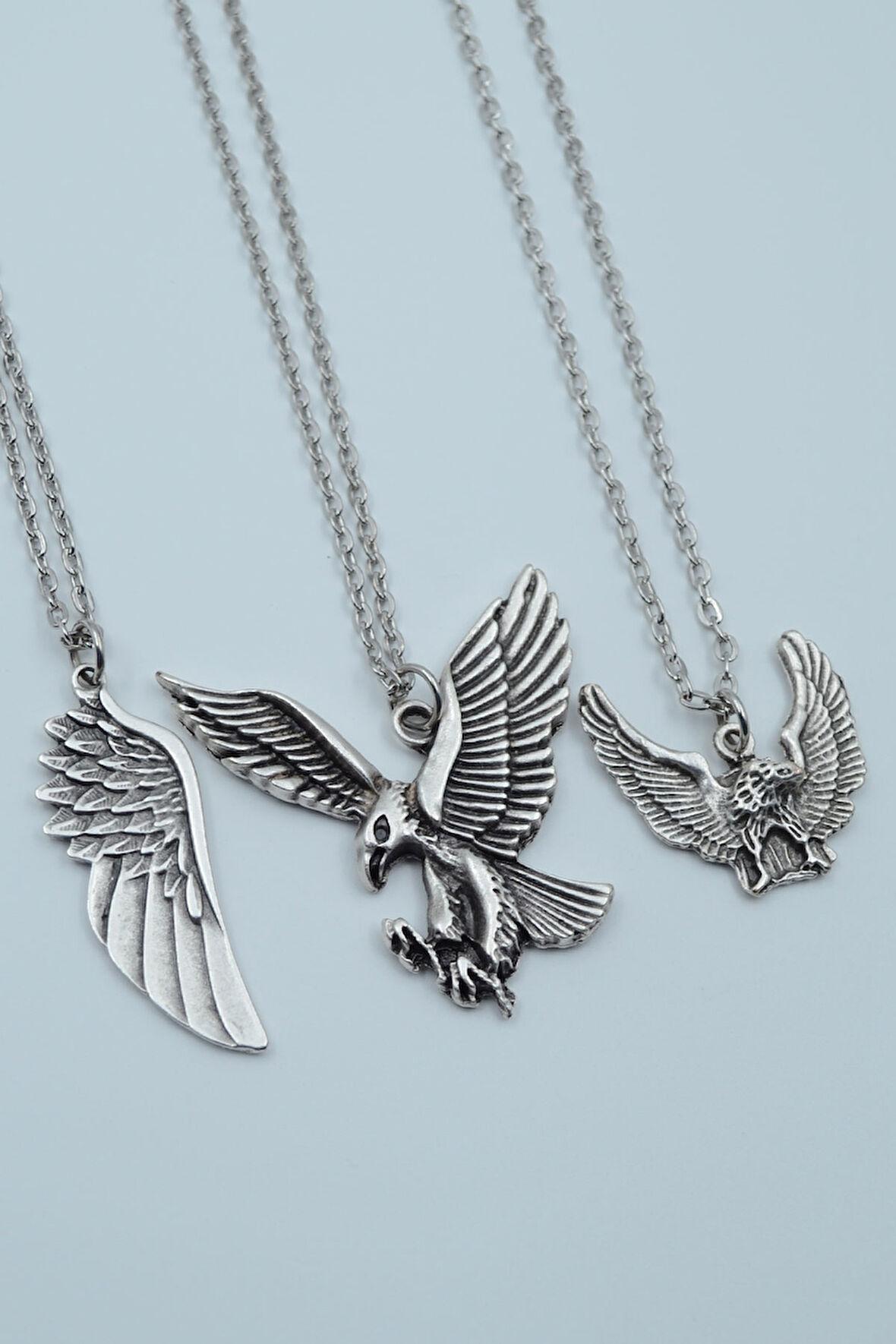 3'lü Kartal Büyük Kanat Gümüş Kaplama Kolye Seti  -