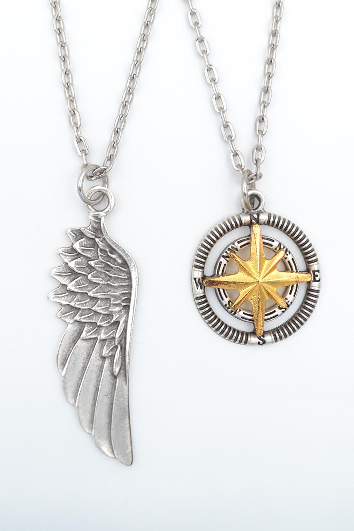 2'li Pusula Kutup Yıldızlı - Kartal Melek Kanat Erkek Kadın Kolye Seti 925 Ayar Gümüş Kaplama