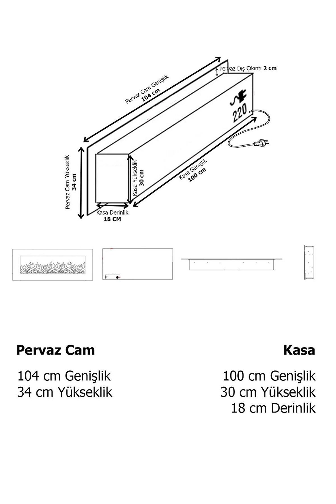 Elektrikli Dekoratif Yapay Şömine Bluetooht Sabit Çıtırtı 100x30 X18 Cm