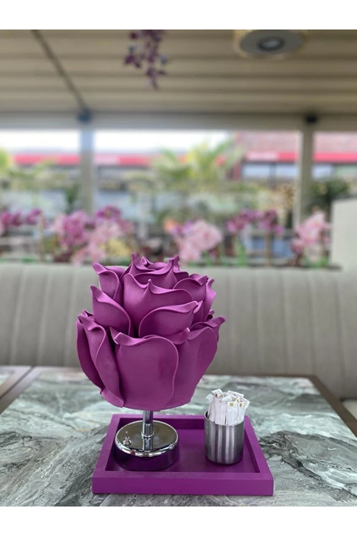 2'li Set Mor Eva Gül Tasarım Kablosuz Masa Lambası - Alt Gümüş & Mor Mini Kare Tepsi (2'Lİ SET)