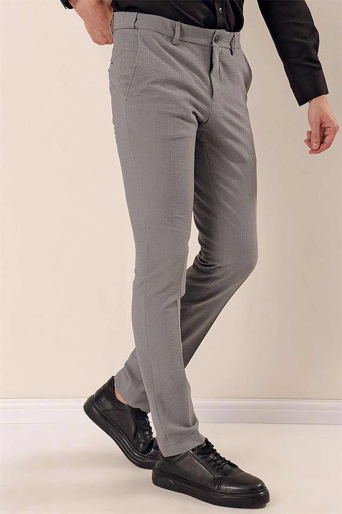 Desenli Armürlü Likralı Yan Cep Slim Fit Dar Kesim Klasik Pantolon 1003230170 Füme