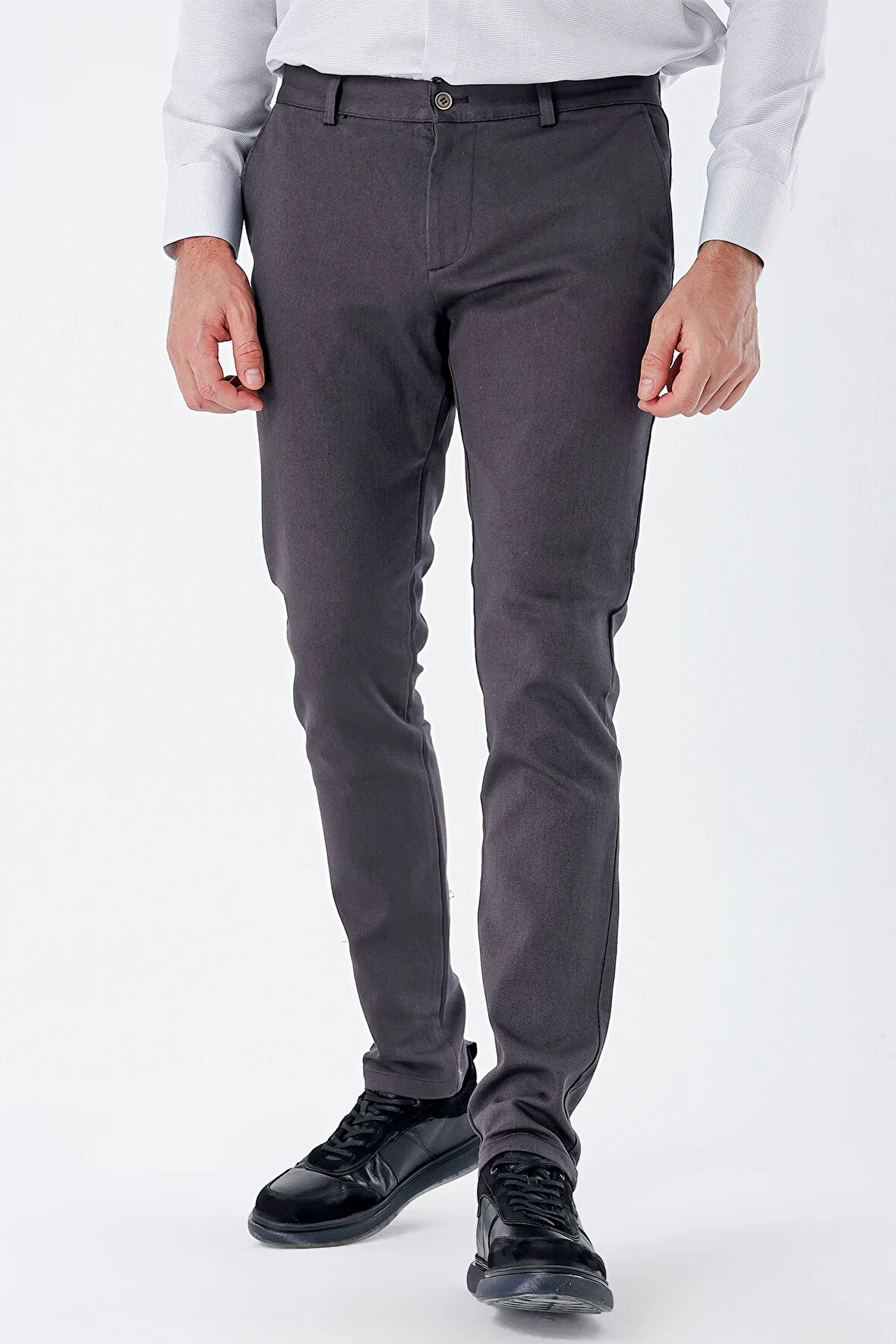 Koyu Antrasit Desenli Armürlü Pamuklu Yan Cepli Slim Fit Dar Kesim Casual Pantolon 1003235120