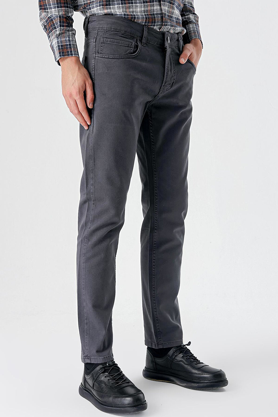 Koyu Antrasit Gabardin %100 Pamuk 5 Cep Slim Fit Dar Kesim Casual Pantolon 1003235317