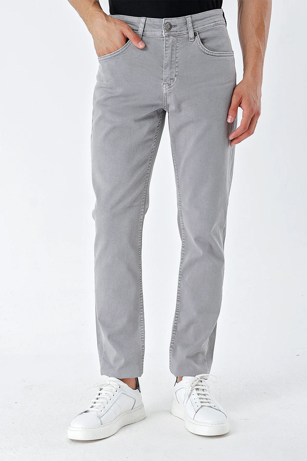 Gri Gabardin %100 Pamuk 5 Cep Slim Fit Dar Kesim Casual Pantolon 1003235318