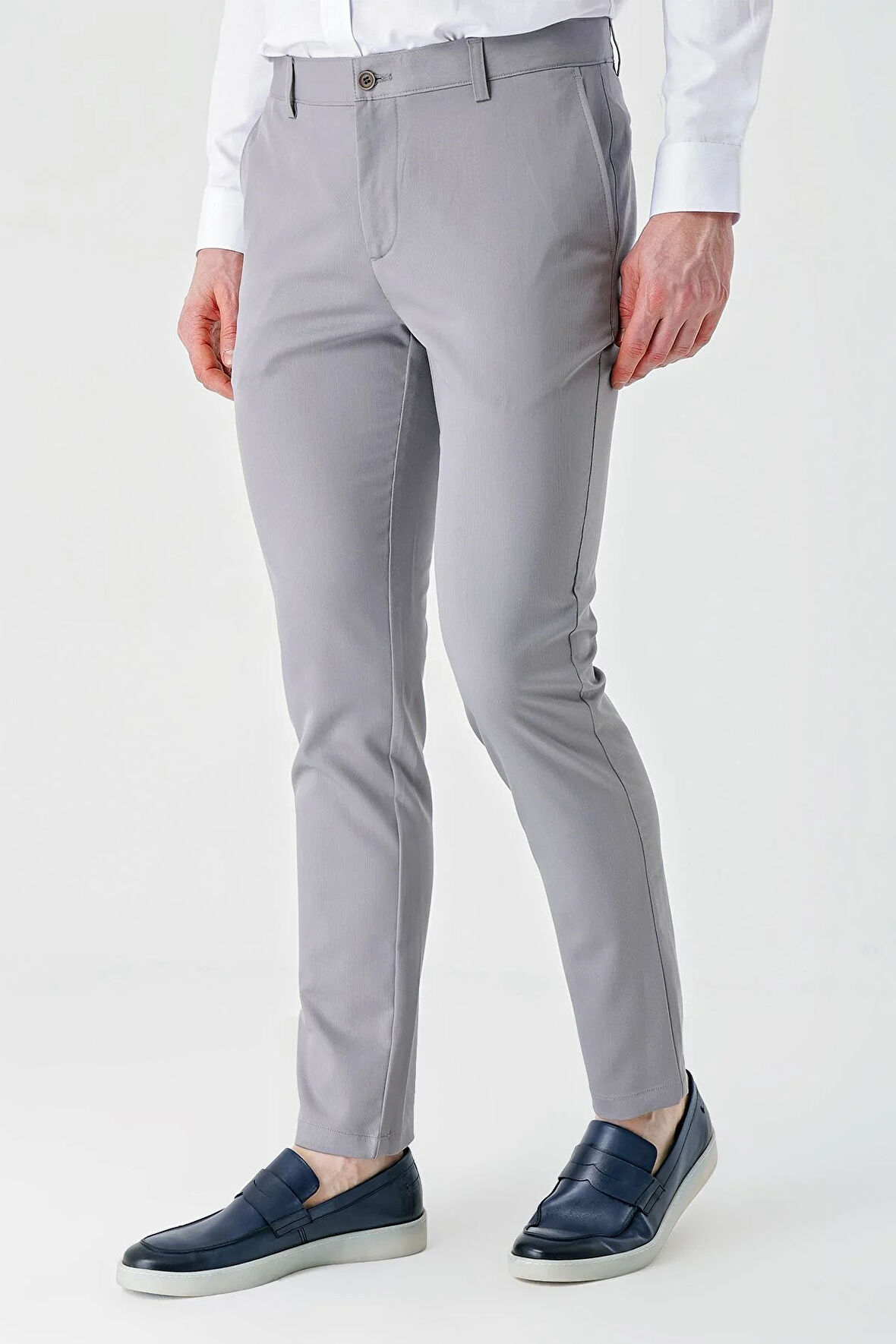 Gri Gabardin Pamuklu Yan Cepli Comfort Fit Rahat Kesim Casual Pantolon 1003240113