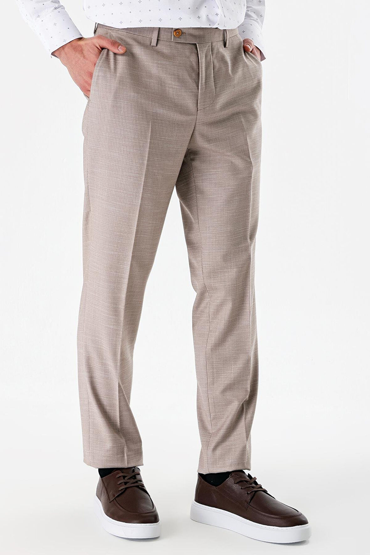 Bej Desenli Likralı Yan Cepli Comfort Fit Rahat Kesim Klasik Pantolon 1003240154