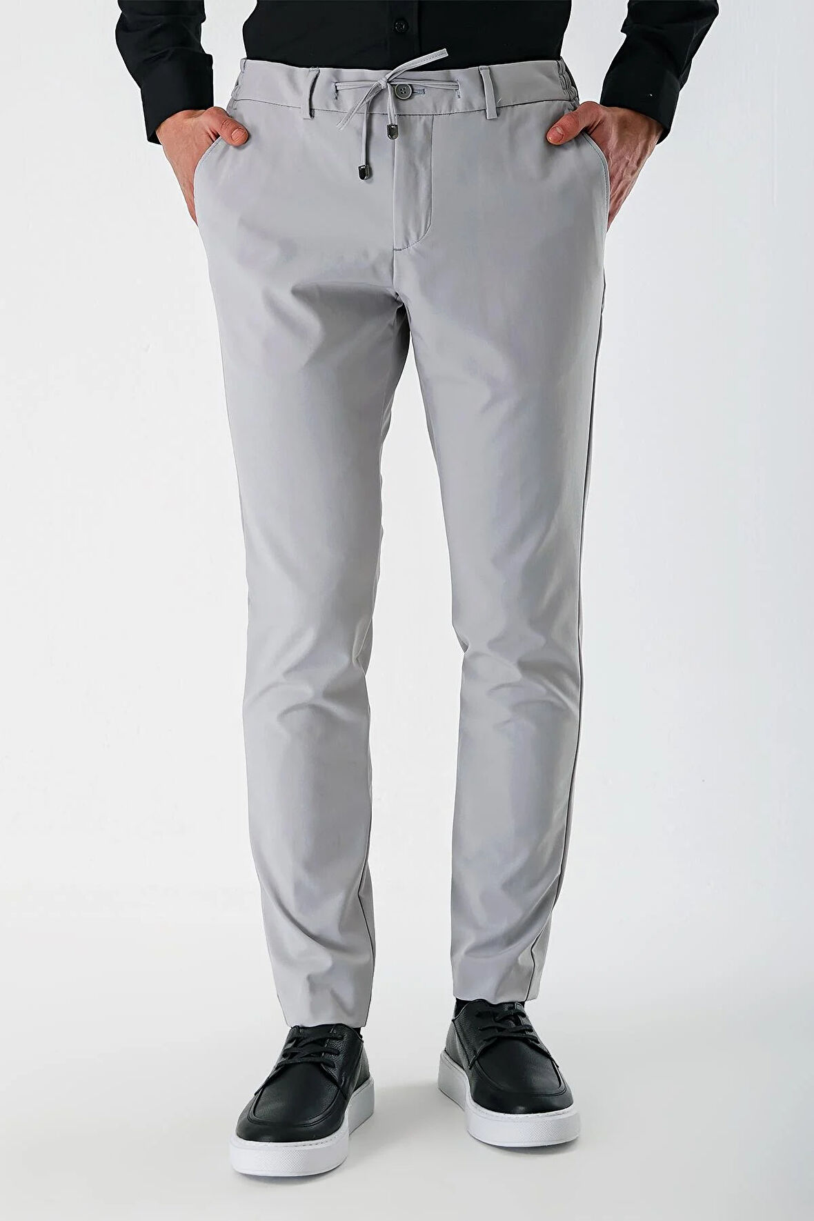 Açık Gri Likralı Yan Cepli Lastikli Slim Fit Dar Kesim Casual Pantolon 1003240155