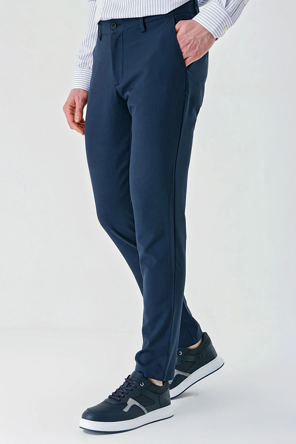 Koyu Lacivert Armürlü Likralı Yan Cep Comfort Fit Rahat Kesim Casual Pantolon 1003240158