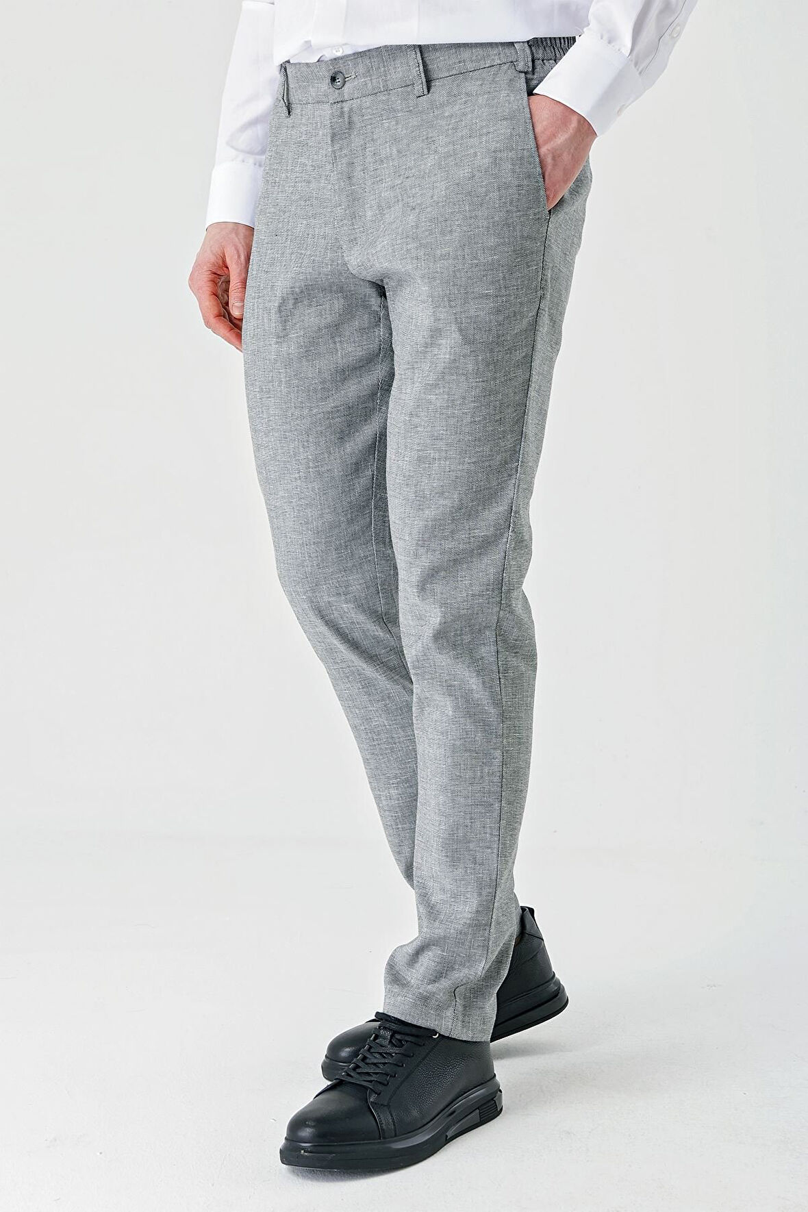 Siyah Desenli Keten Karışımlı Yan Cepli Lastikli Comfort Rahat Kesim Casual Pantolon 1003240159