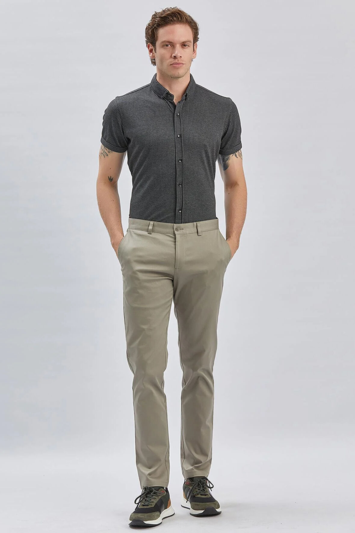 Koyu Bej Armürlü Pamuklu Likralı Yan Cepli Slim Fit Dar Kesim Casual Pantolon 1003240161