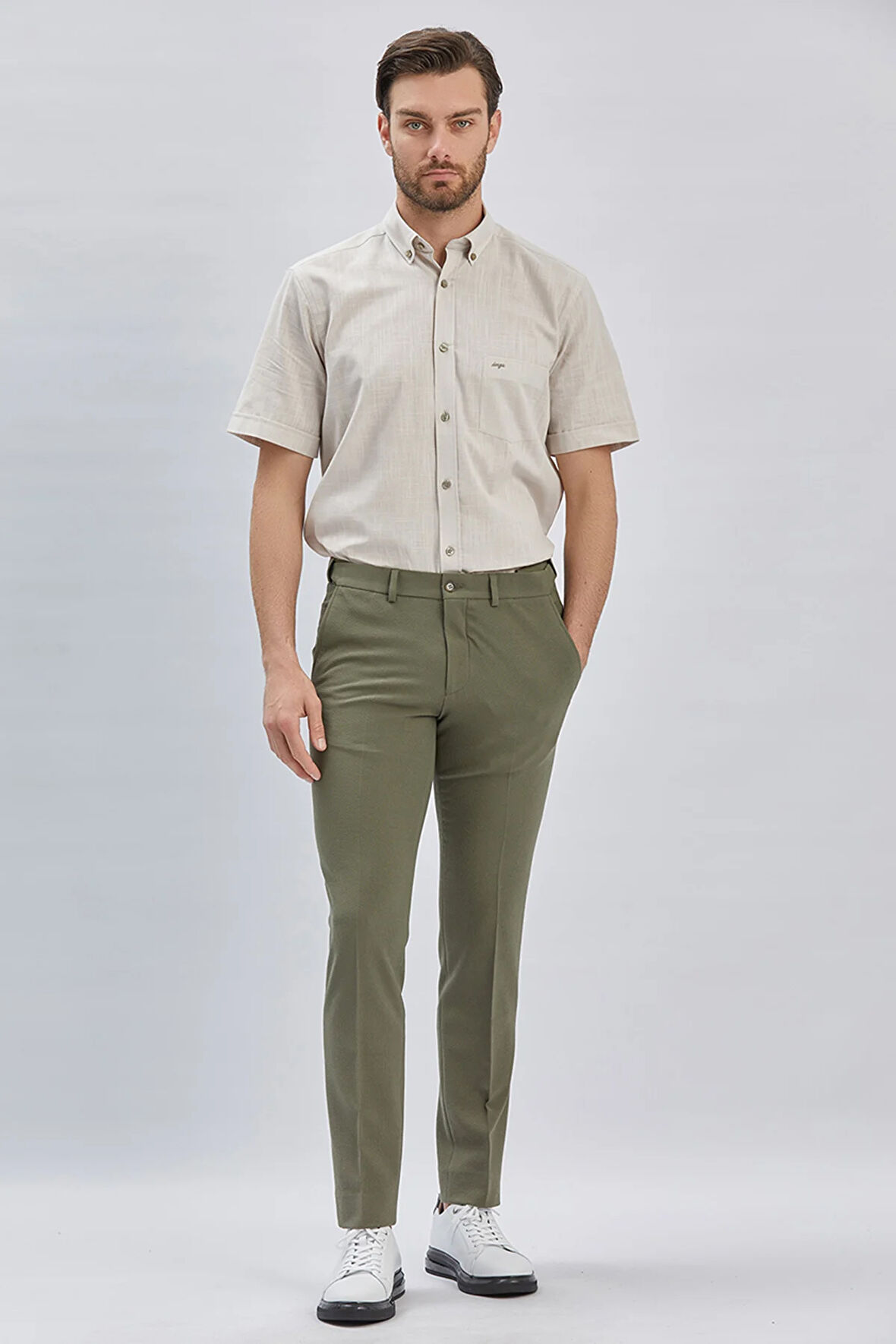 Koyu Haki Düz Gofreli Esnek Yan Cep Slim Fit Casual Pantolon 1003240162