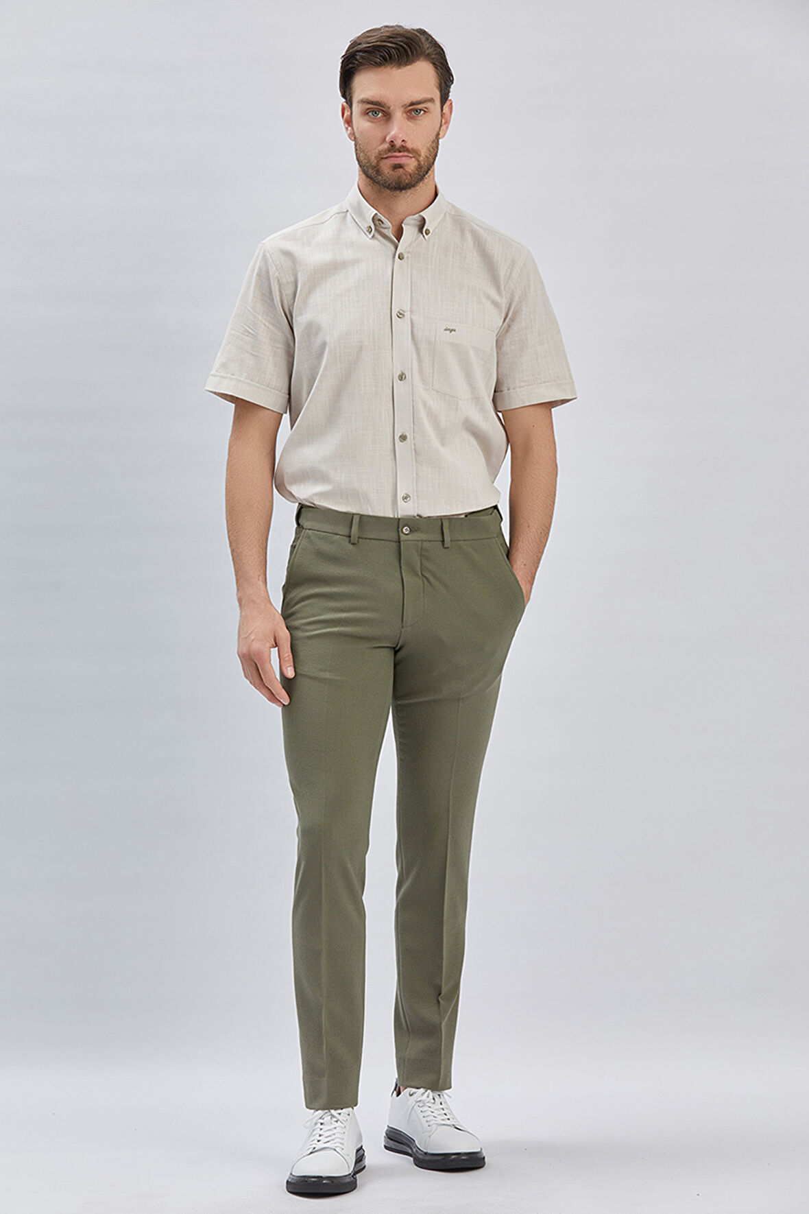 Koyu Haki Düz Gofreli Esnek Yan Cep Slim Fit Casual Pantolon 1003240162