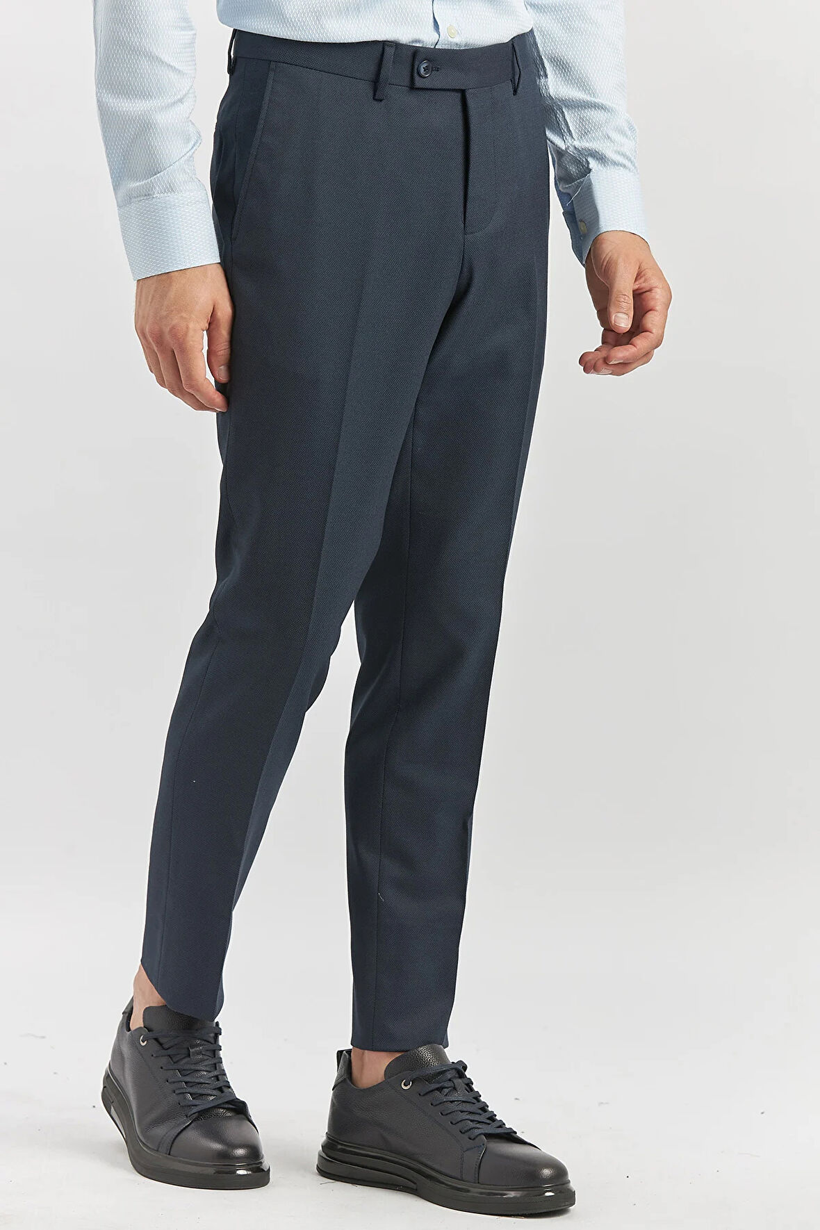 Koyu Lacivert Kendinden Desenli Bez Ayağı Slim Fit Classic Pantolon 1003240165