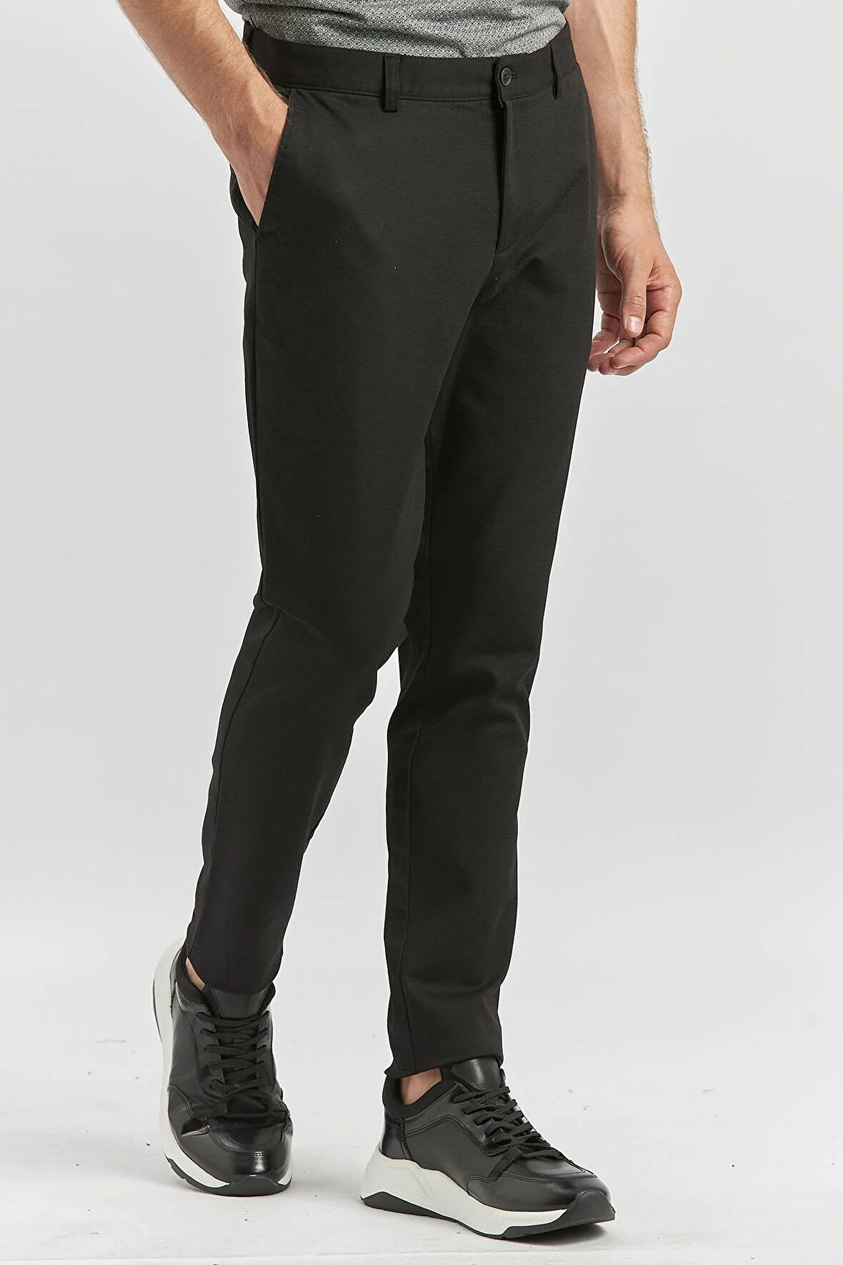 Siyah Düz Armürlü Pamuklu Yan Cep Slim Fit Casual Pantolon 1003240168