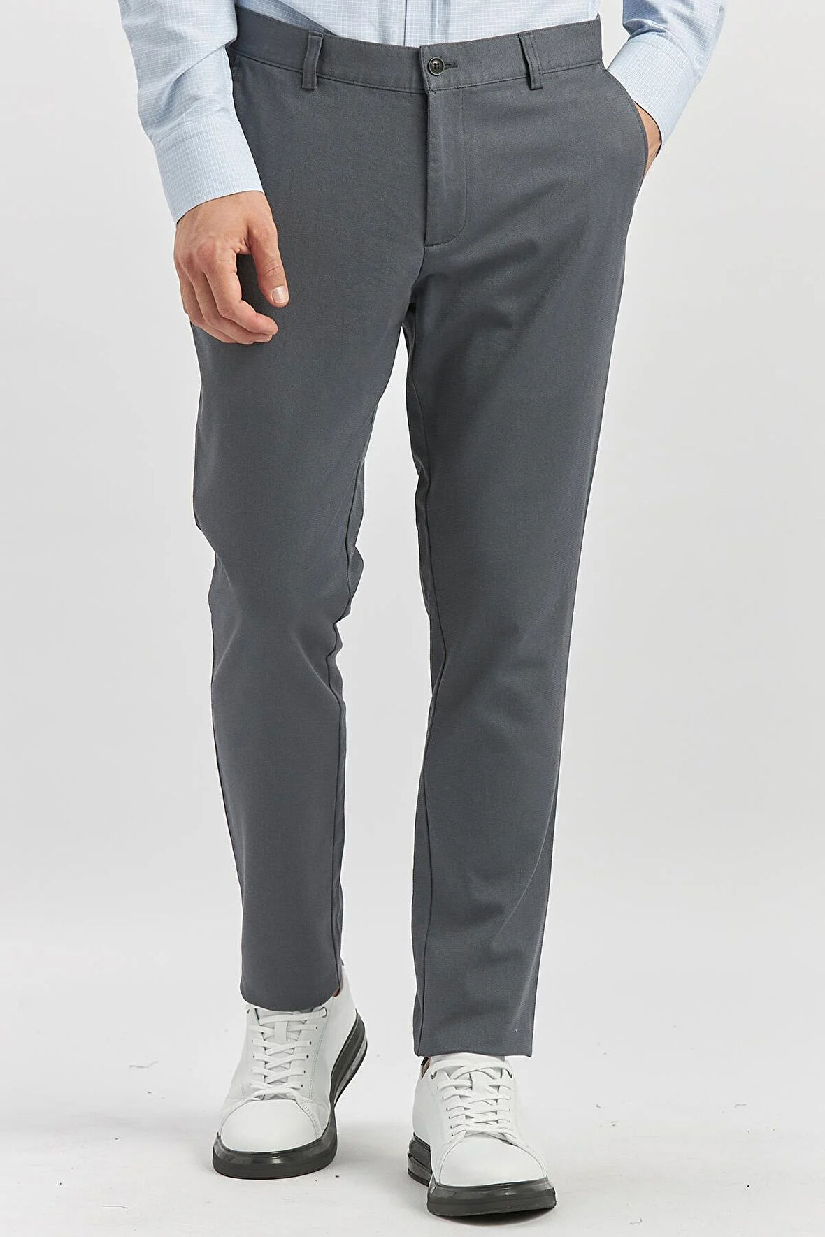 Koyu Antrasit Düz Armürlü Pamuklu Yan Cep Slim Fit Casual Pantolon 1003240168