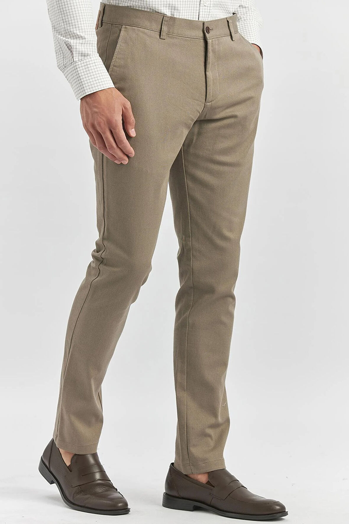 Koyu Vizon Düz Armürlü Pamuklu Yan Cep Slim Fit Casual Pantolon 1003240168