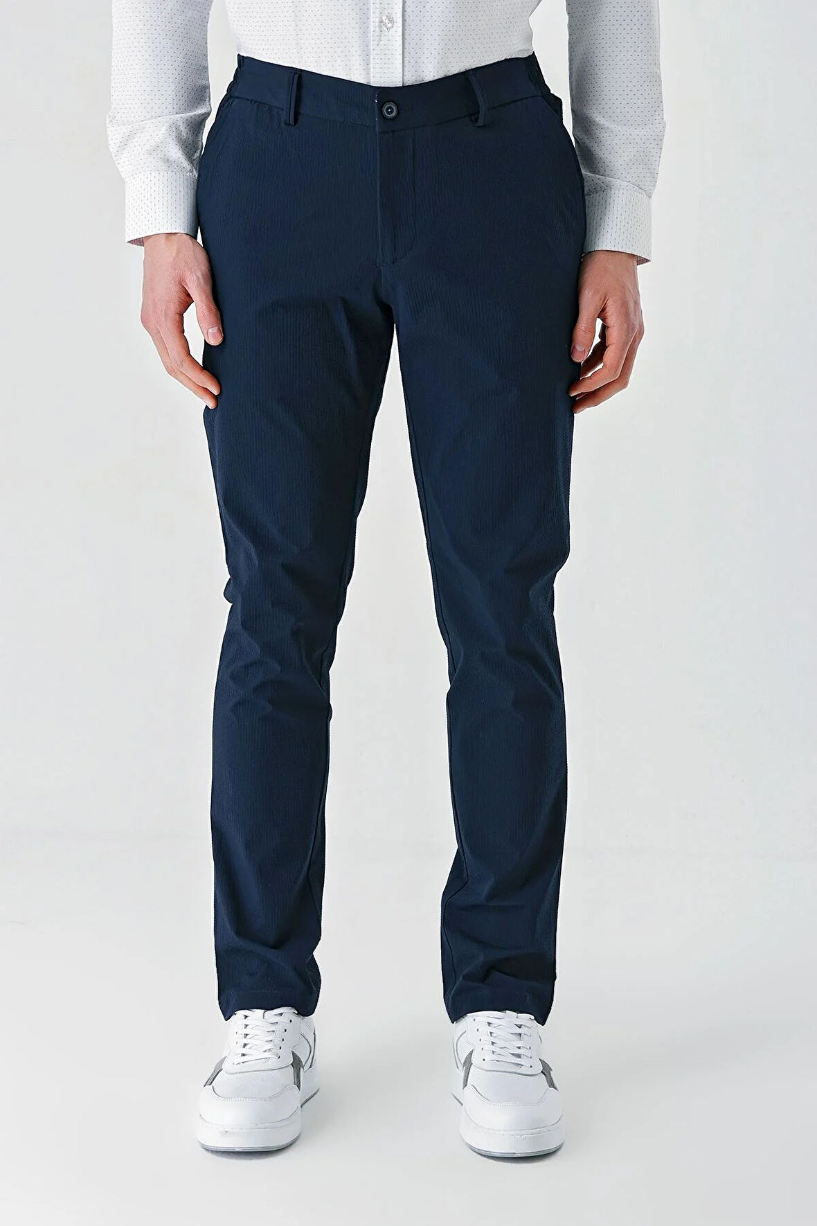 Koyu Lacivert Desenli Gofreli Pamuklu Likralı Yan Cepli Slim Fit Dar Kesim Casual Pantolon 1003240206