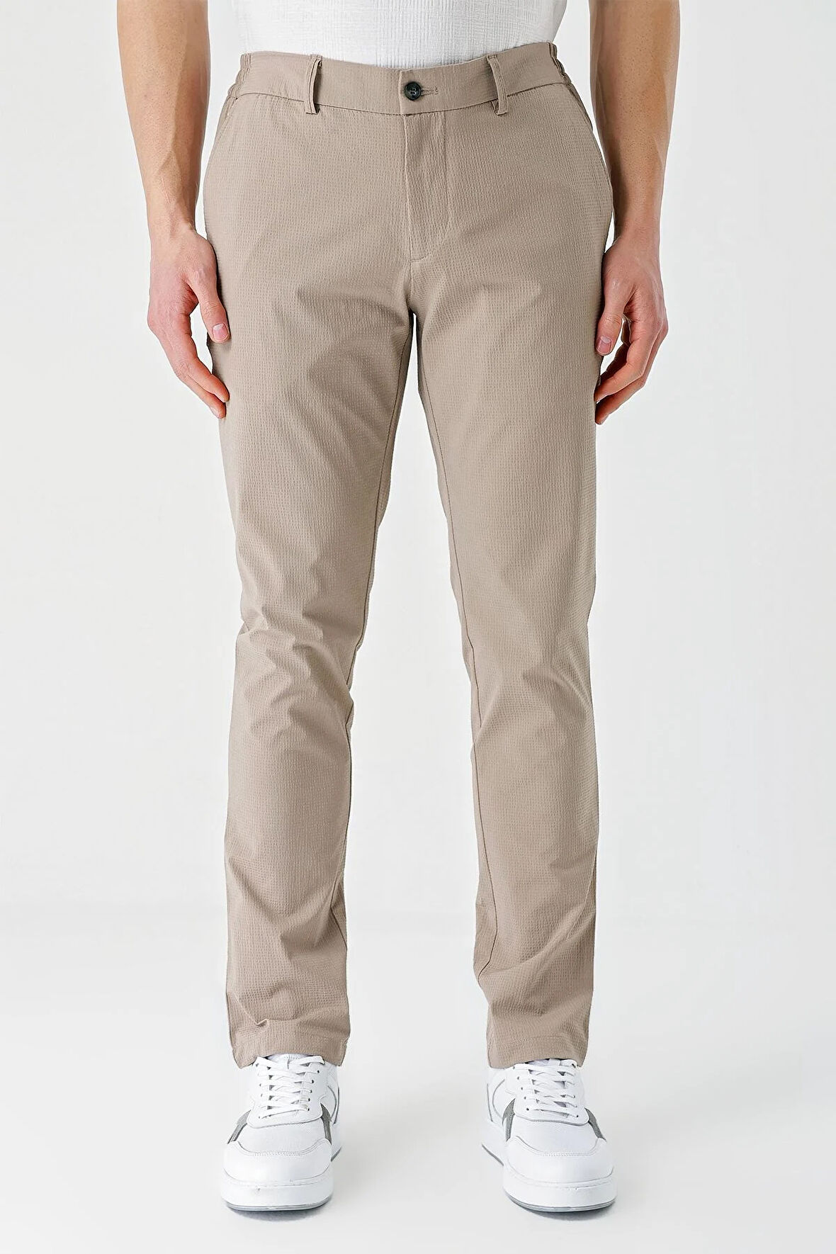 Bej Desenli Gofreli Pamuklu Likralı Yan Cepli Slim Fit Dar Kesim Casual Pantolon 1003240206