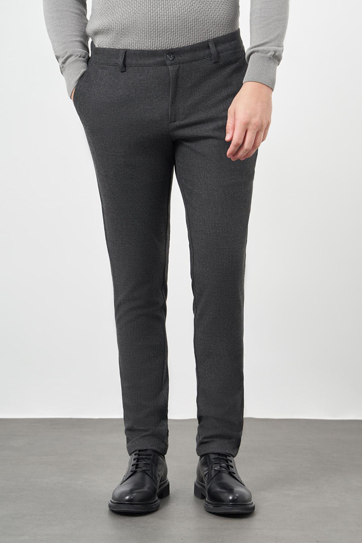 Koyu Antrasit Kendinden Desenli Flannel Esnek Yan Cep Comfort Fit Casual Pantolon 1003245158