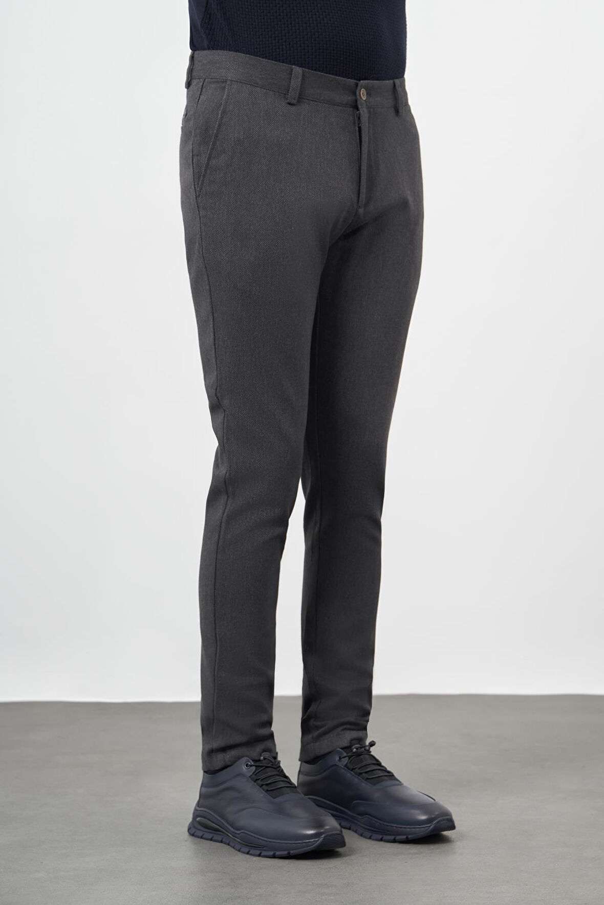 Koyu Antrasit Düz Gabardin Pamuklu Yan Cep Slim Fit Casual Pantolon 1003245162