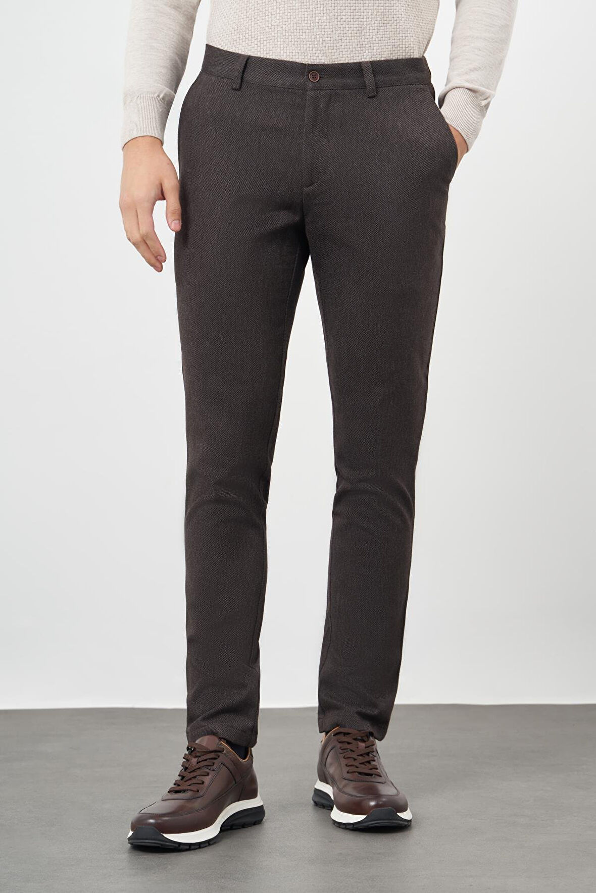 Koyu Kahverengi Düz Gabardin Pamuklu Yan Cep Slim Fit Casual Pantolon 1003245162