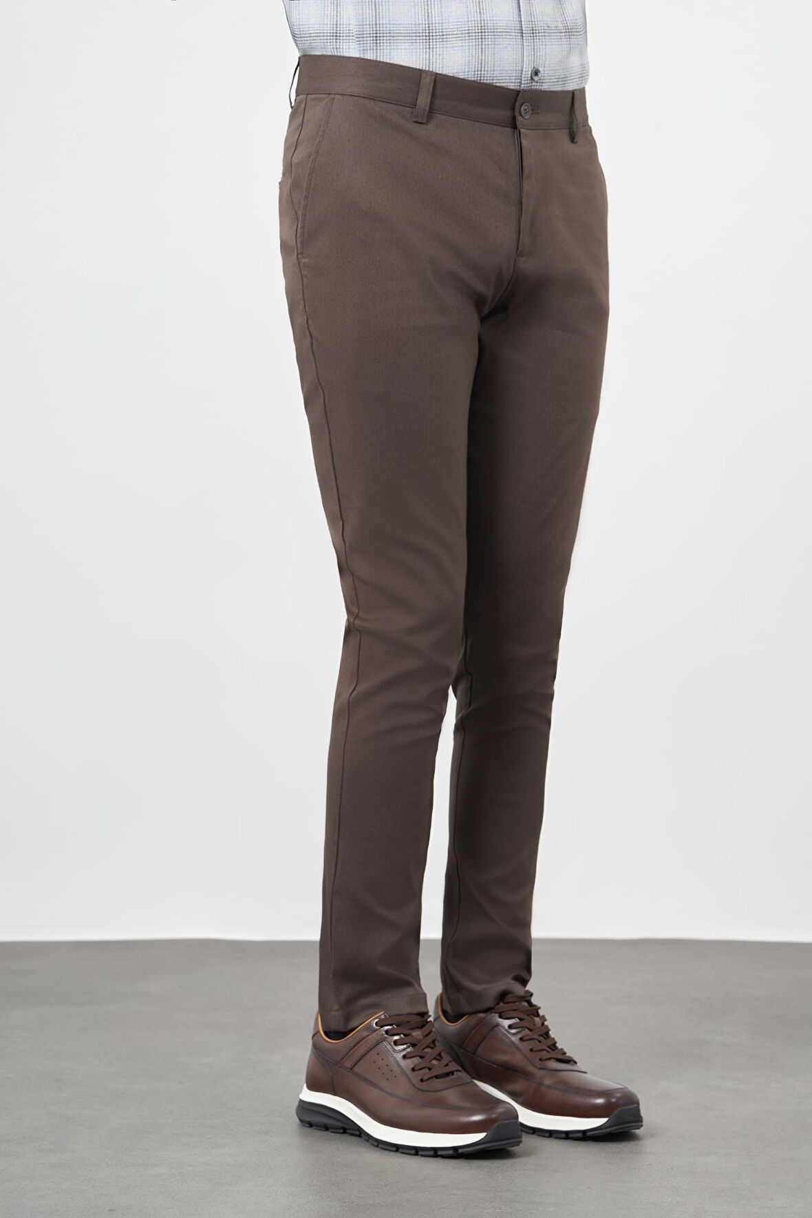 Koyu Camel Düz Armürlü Pamuklu Yan Cep Slim Fit Casual Pantolon 1003245163