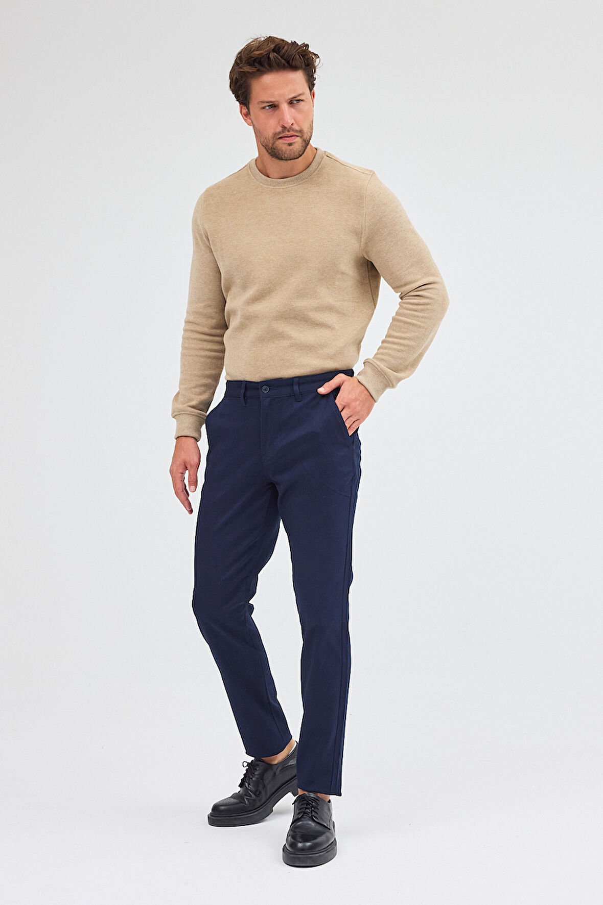 Koyu Lacivert Yan Cep Düz Paça Pamuklu Slim Fit Chino Casual Pantolon 1003255155