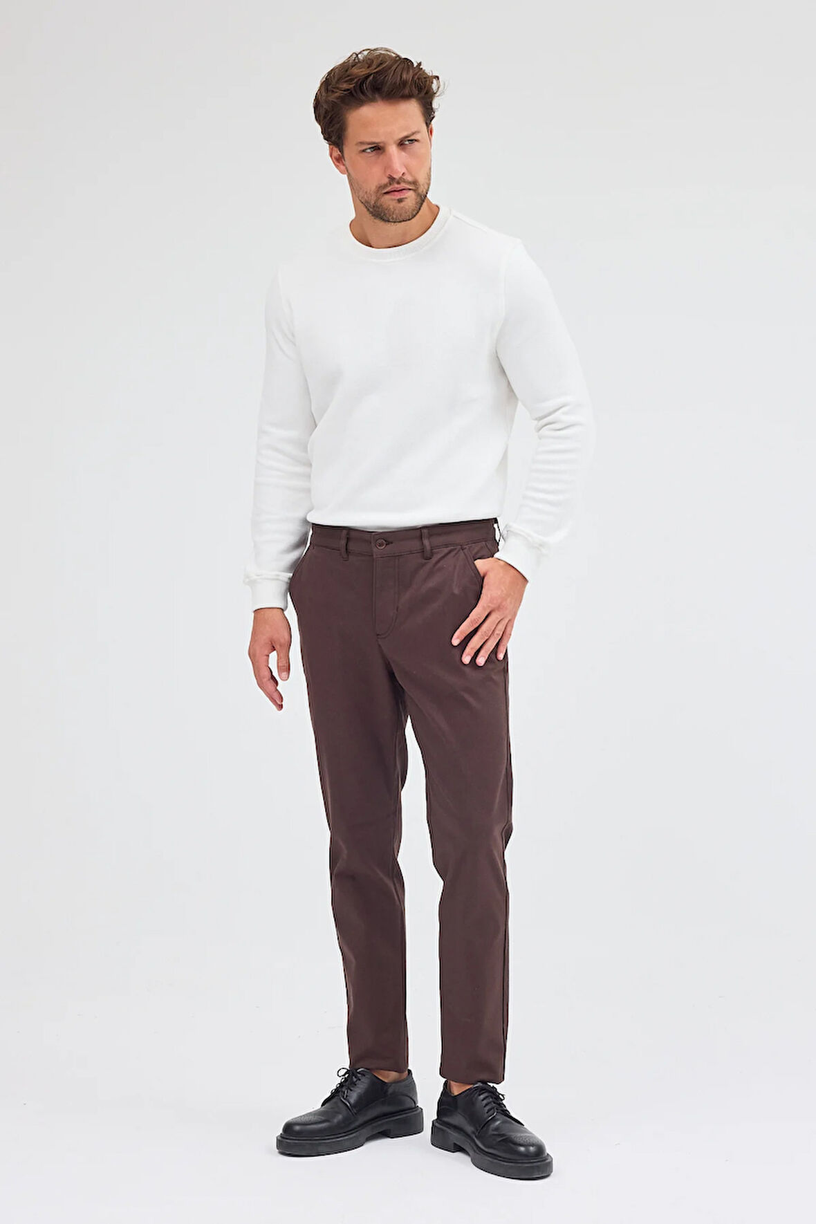 Sütlü Kahverengi Yan Cep Düz Paça Pamuklu Slim Fit Chino Casual Pantolon 1003255155