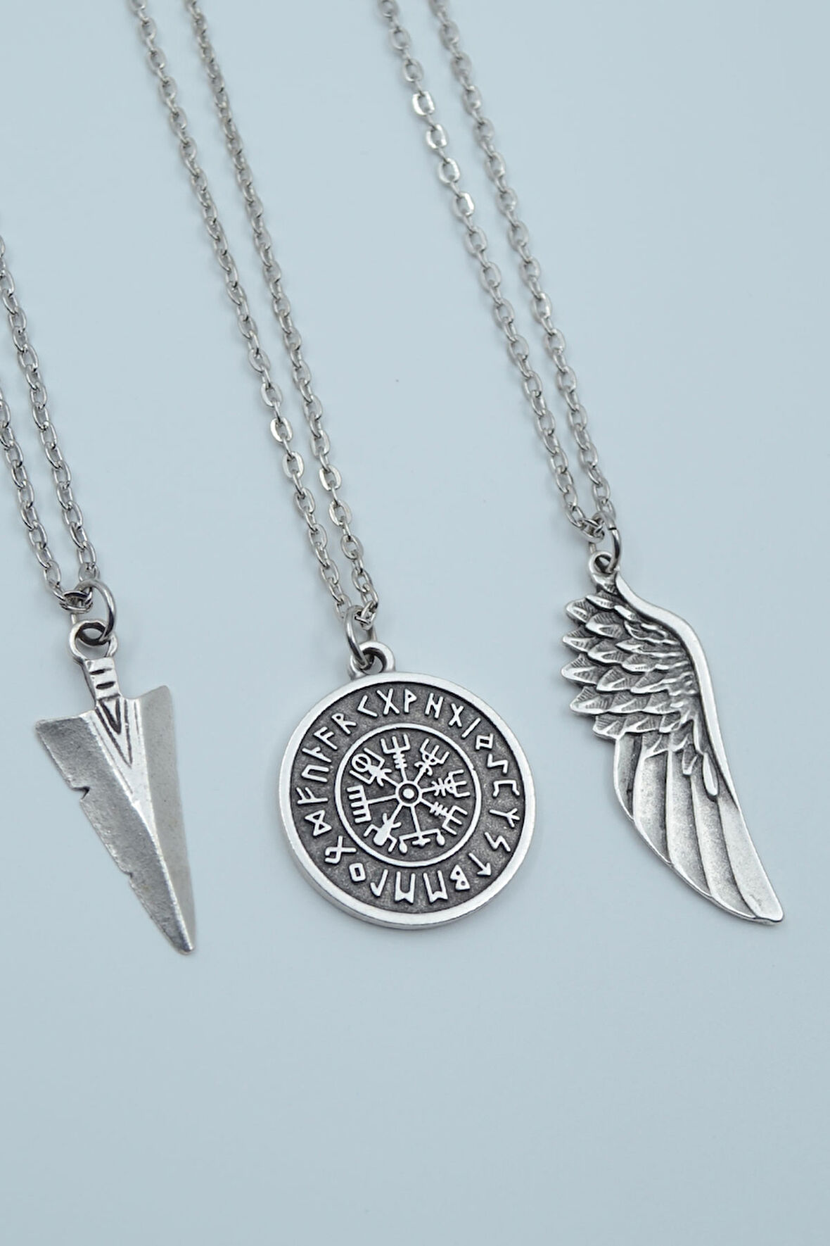 3'lü Triagle Ok Ucu Viking Pusula Büyük Kanat Gümüş Kaplama Kolye Seti