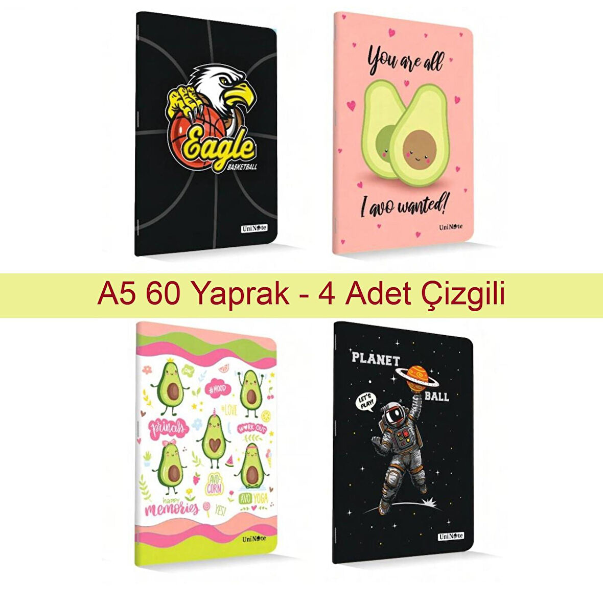 Çınar Uninote A5 60 Yaprak Karton Kapak Dikişli Defter Çizgili 4 Adet