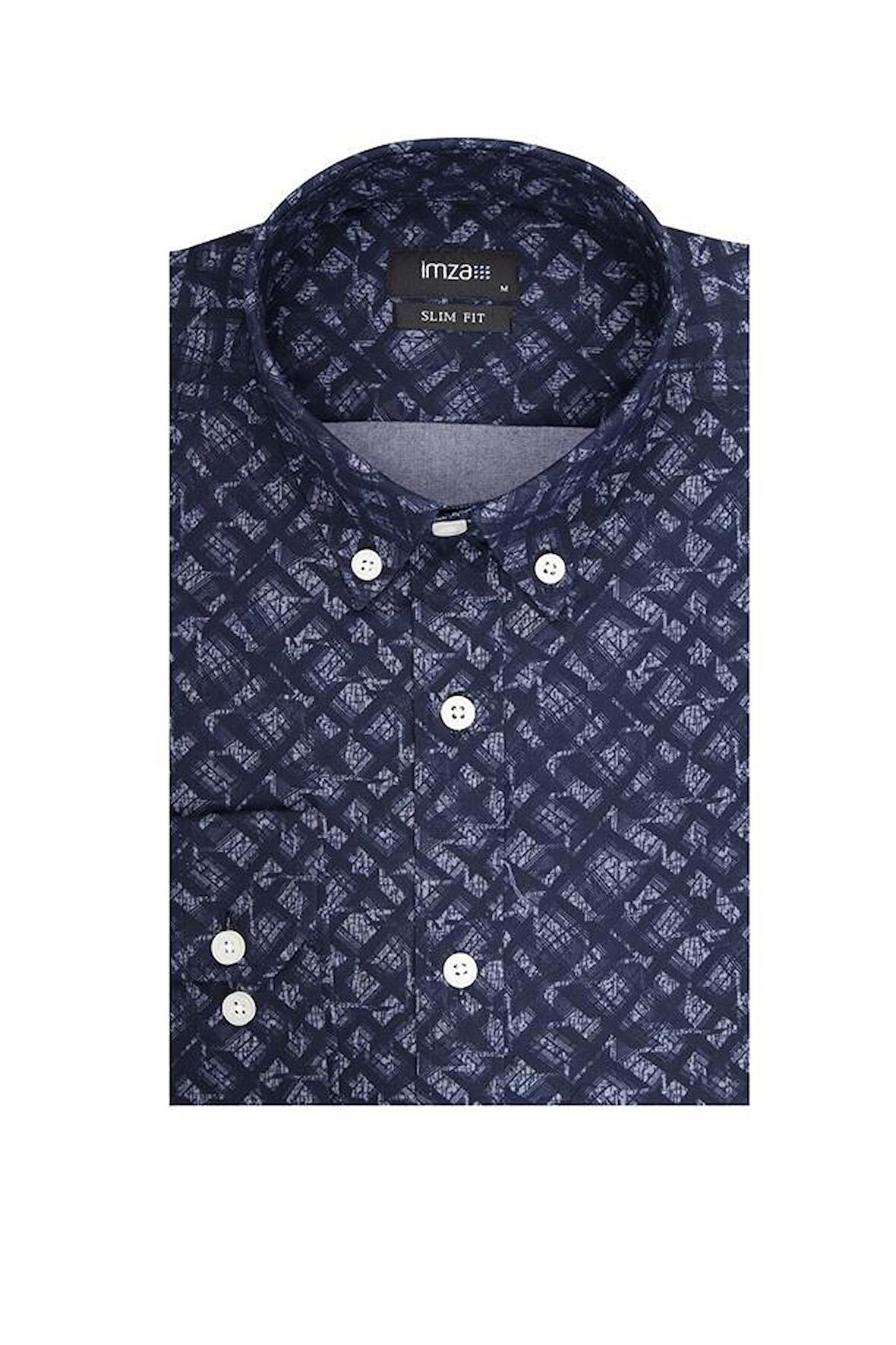 Uzun Kol Baskılı Düğmeli Yaka  Slim Fit Dar Kesim Klasik Gömlek 1004220288 Lacivert