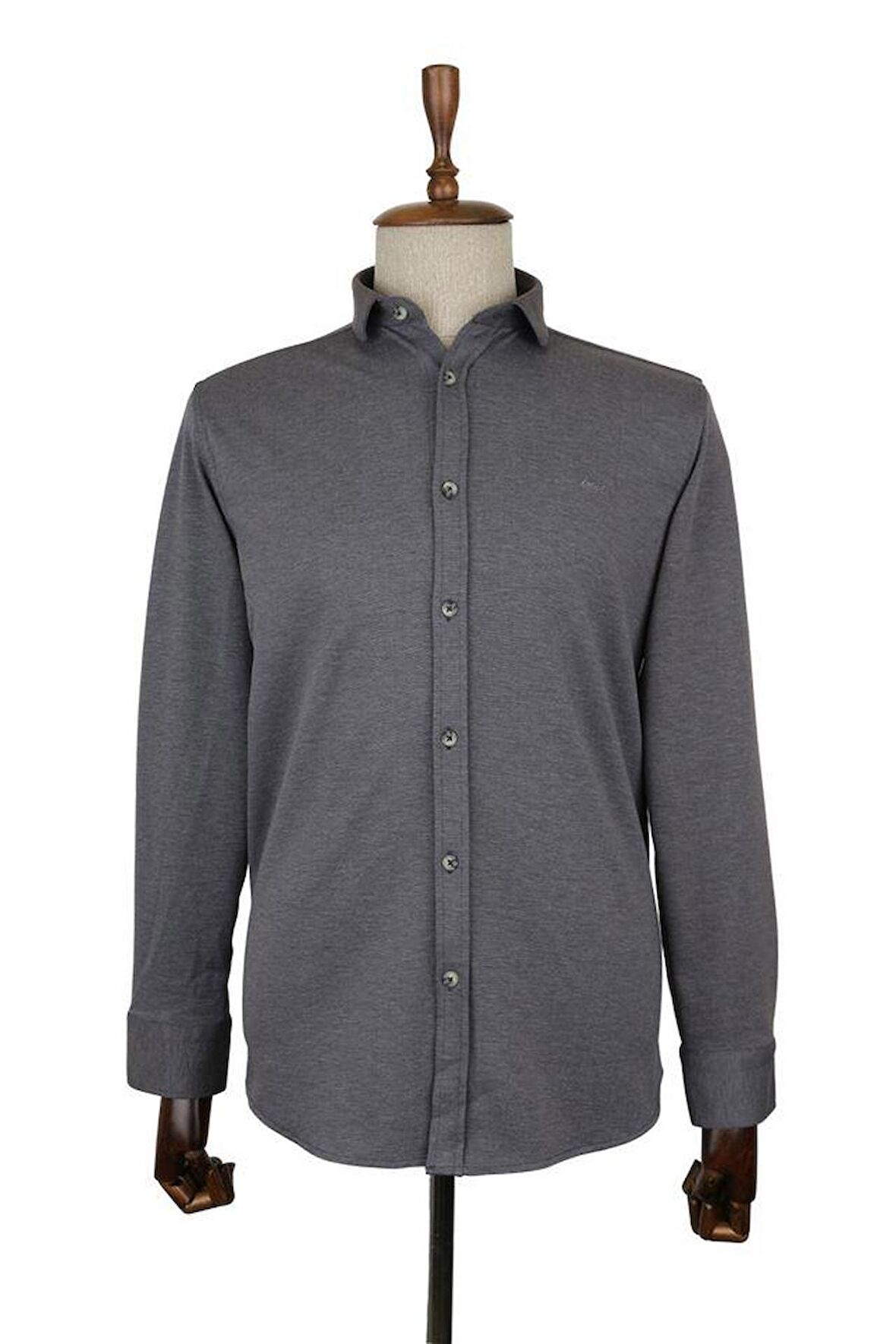 Uzun Kol Örme  Biyeli comfort rahat Kesim Casual Gömlek 1004225116 Gri