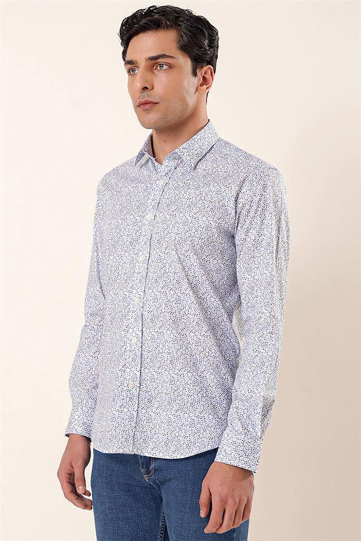 Uzun Kollu Baskılı Sert Yaka Cepsiz Pamuklu Likralı Casual Slim Fit Gömlek 1004230135 Koyu Mavi