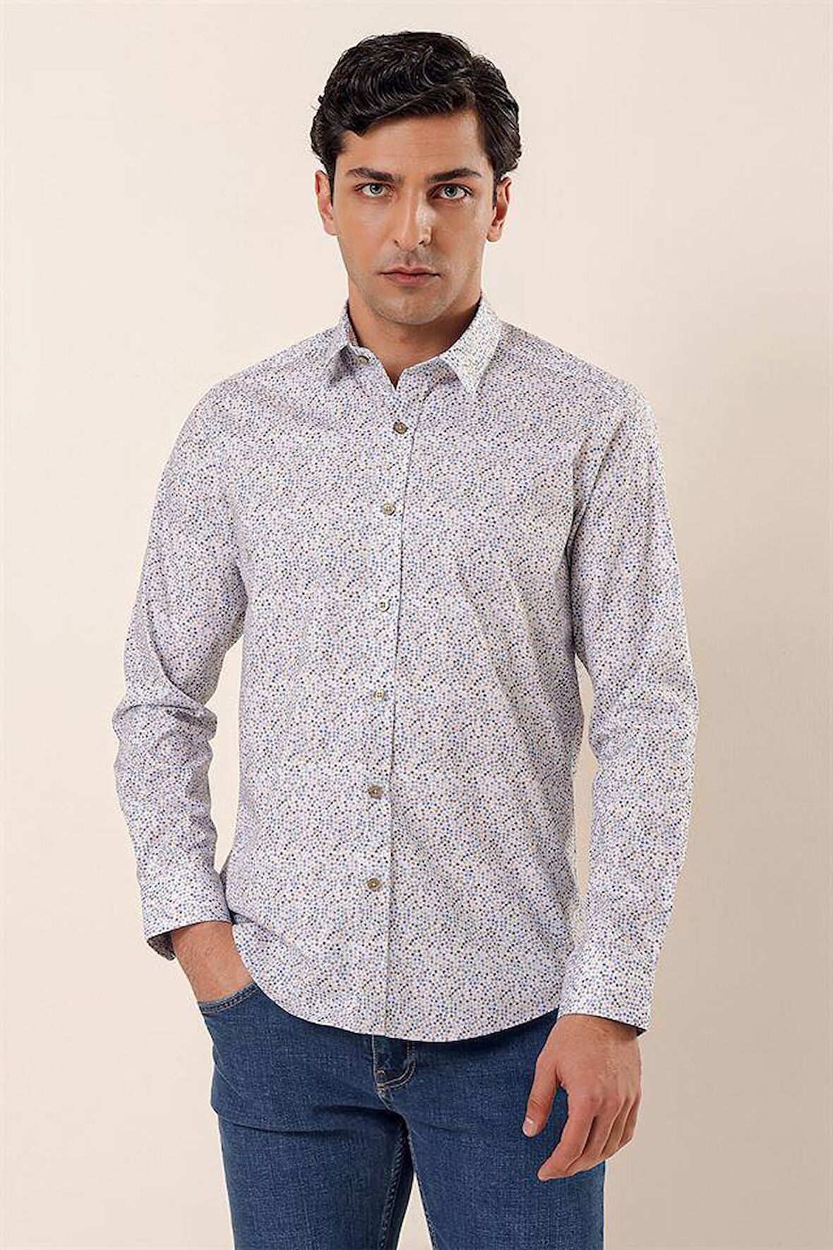 Uzun Kollu Baskılı Sert Yaka Cepsiz Pamuklu Likralı Casual Slim Fit Gömlek 1004230135 Mavi