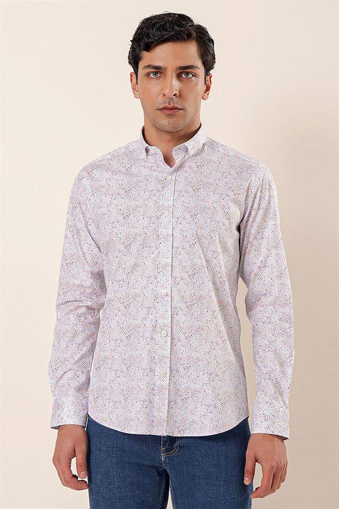 Uzun Kollu Baskılı Cepsiz Pamuklu Likralı Casual Slim Fit Dar Kesim Gömlek 1004230136 Koyu Mavi