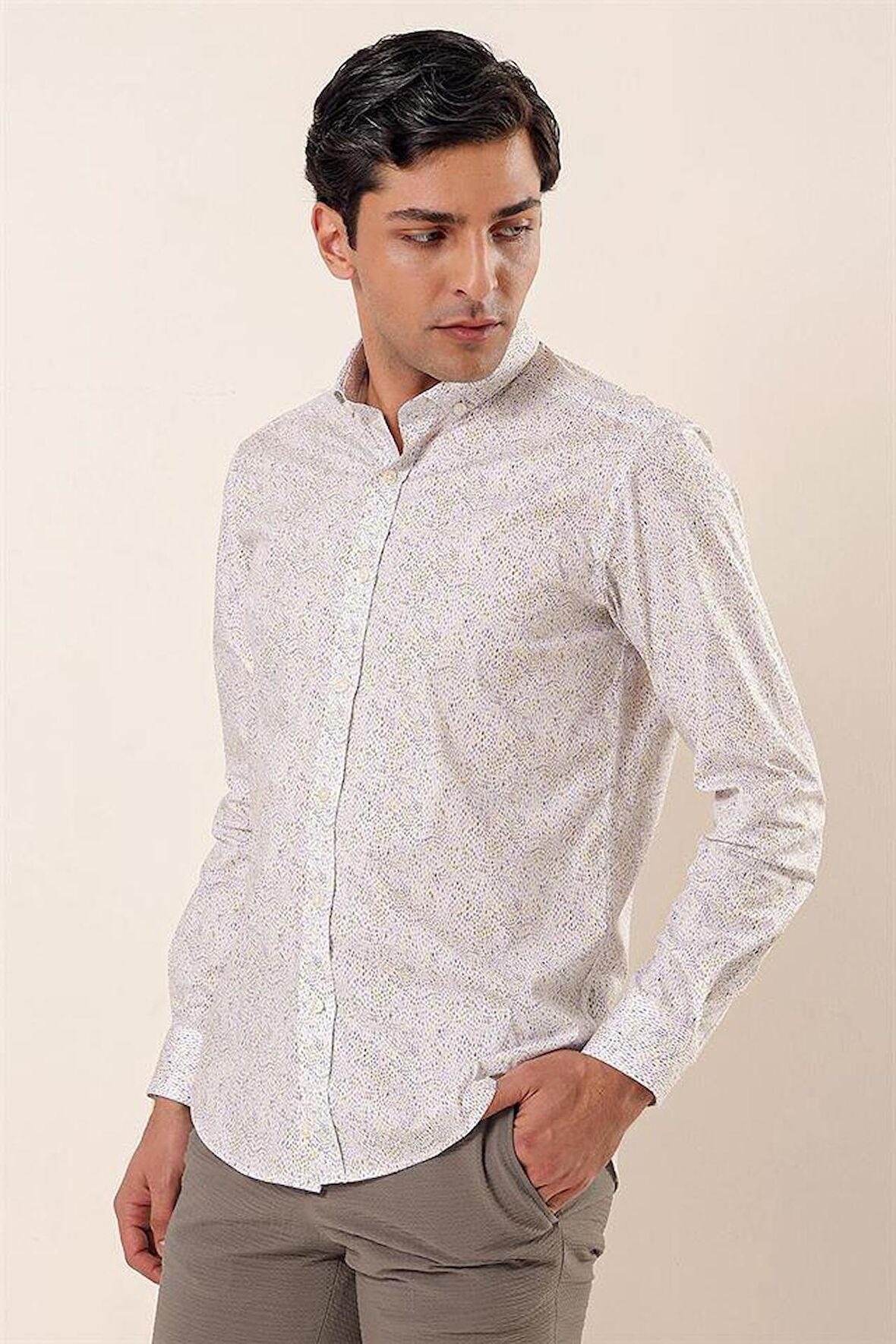 Uzun Kollu Baskılı Cepsiz Pamuklu Likralı Casual Slim Fit Dar Kesim Gömlek 1004230136 Sarı