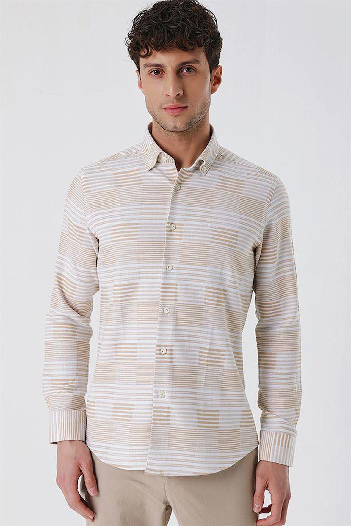 Uzun Kollu ÇizgiliCepsiz %100 Pamuk Klasik Slim Fit Dar Kesim Gömlek 1004230164 Camel