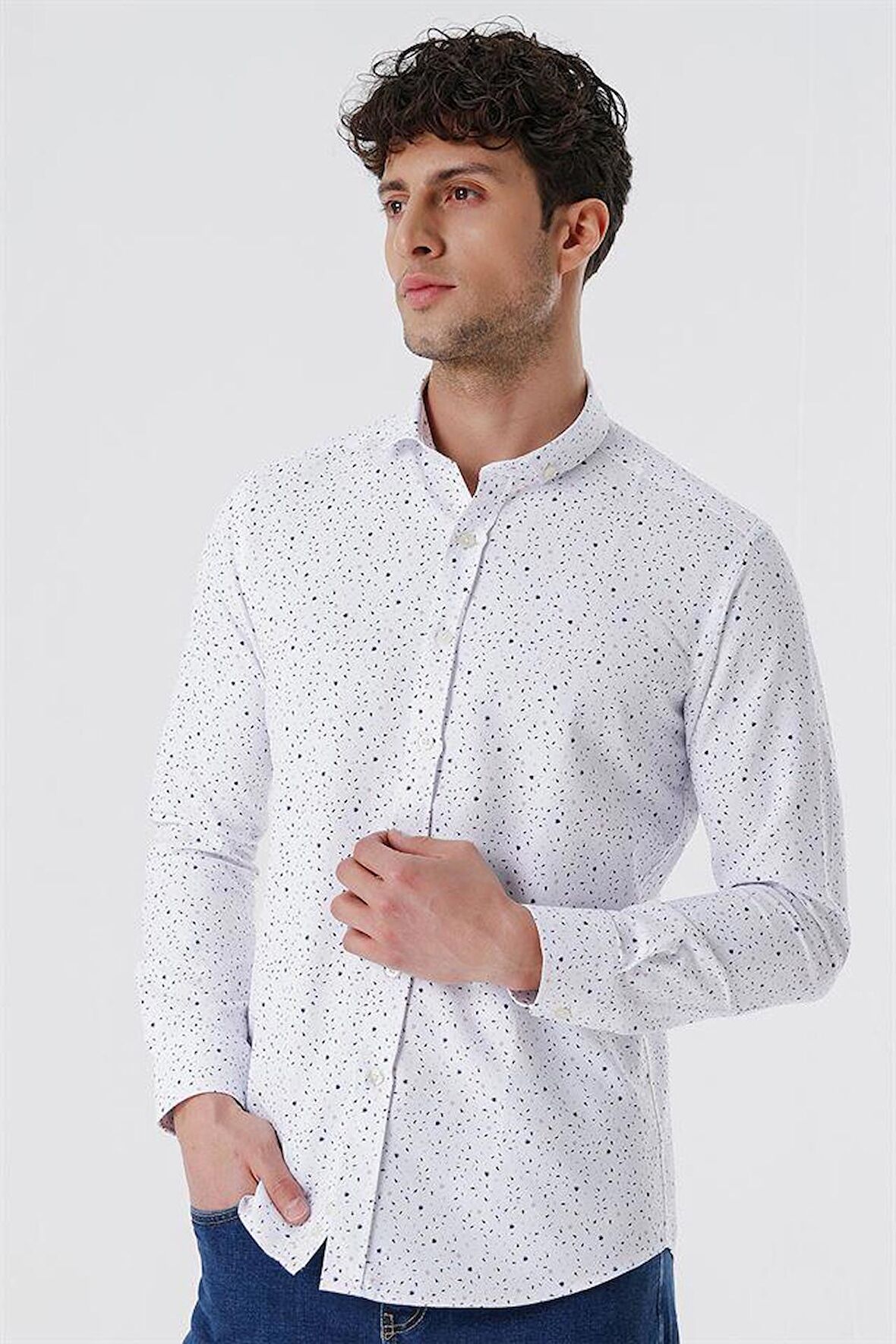 Uzun Kollu Baskılı Oxford Cepsiz Pamuklu Klasik Slim Fit Dar Kesim Gömlek 1004230166 Ekru