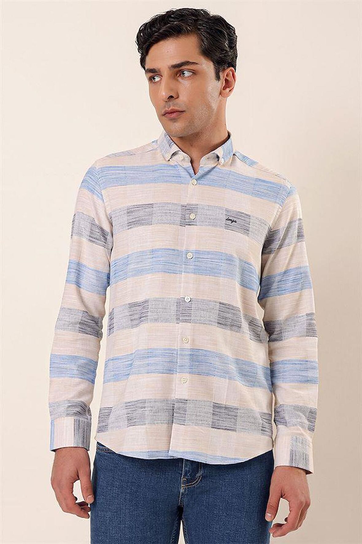 Uzun Kollu Kareli Cepsiz %100 Pamuk Klasik Slim Fit Dar Kesim Gömlek 1004230171 Koyu Bej