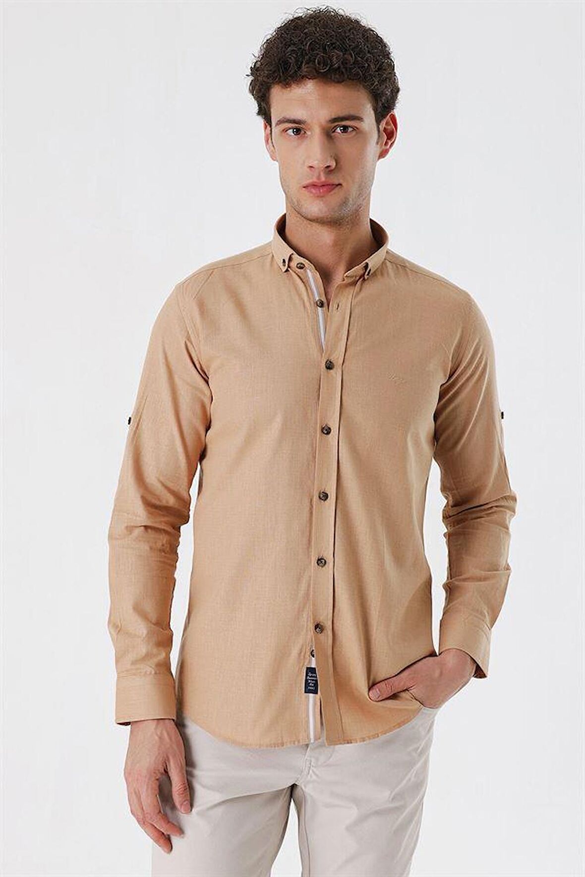 Kısalabilir Kollu Cepsiz Biyeli %100 Pamuk Casual Slim Fit Dar Kesim Gömlek 1004230179 Camel