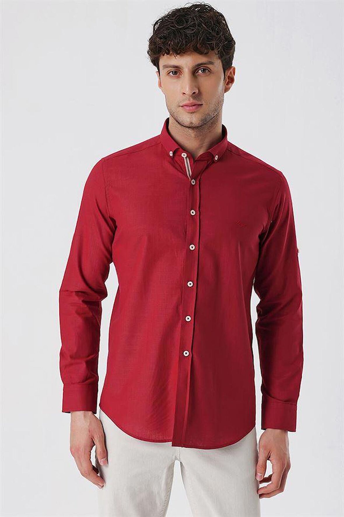 Kısalabilir Kollu Cepsiz Biyeli %100 Pamuk Casual Slim Fit Dar Kesim Gömlek 1004230179 Koyu Kırmızı