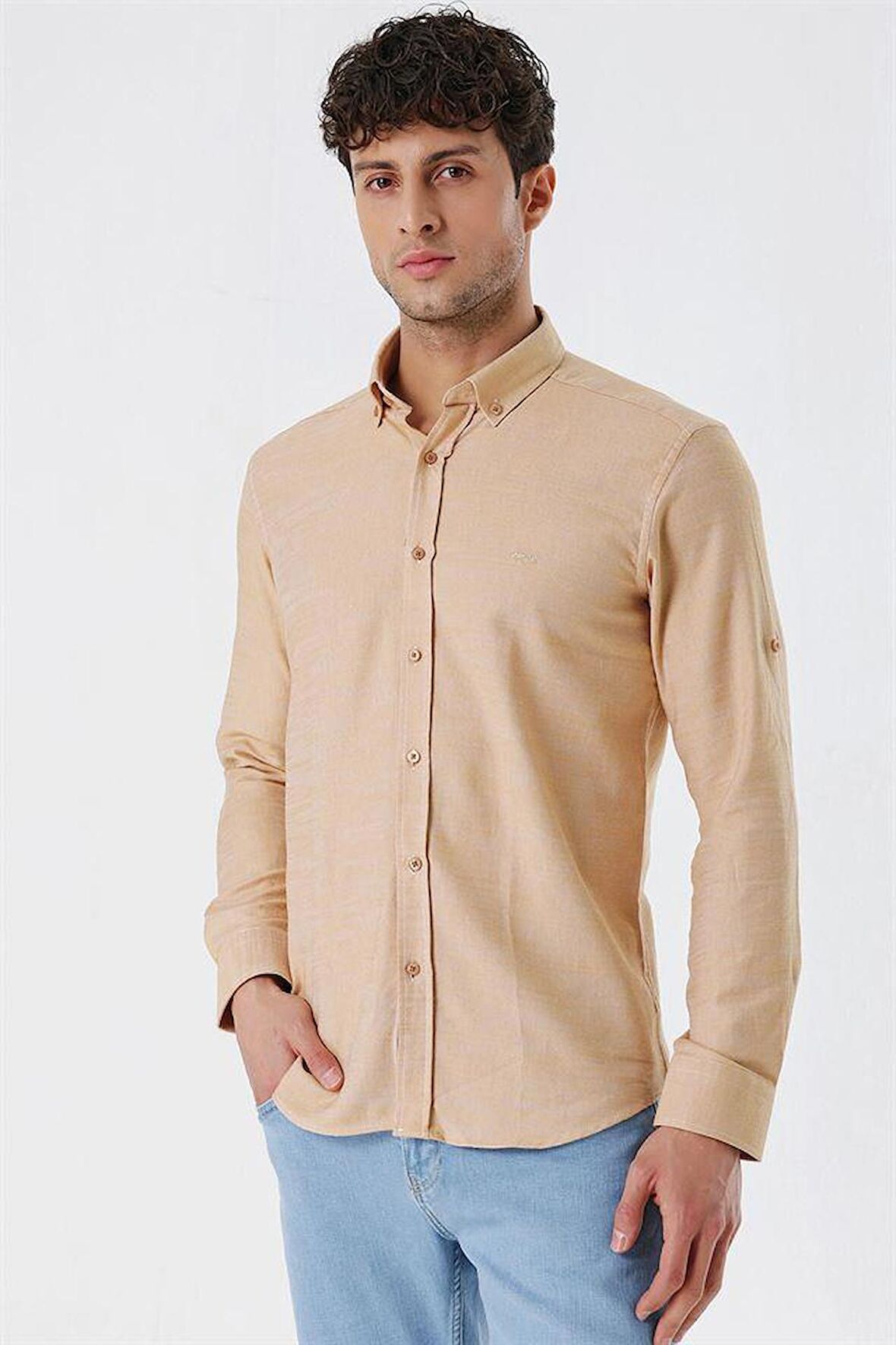 Kısalabilir Kollu Gabardin Cepsiz %100 Pamuk Casual Slim Fit Dar Kesim Gömlek 1004230180 Bej