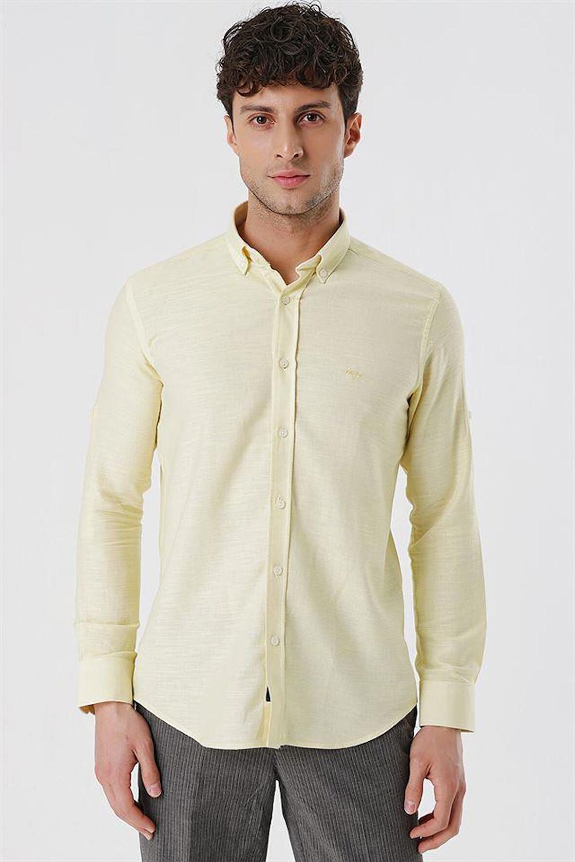 Kısalabilir Kollu Gabardin Cepsiz %100 Pamuk Casual Slim Fit Dar Kesim Gömlek 1004230180 Sarı