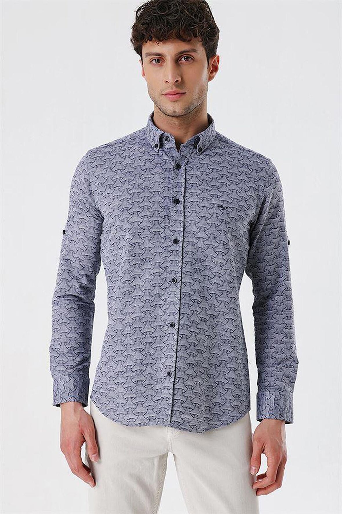 Kısalabilir Kollu Desenli JakarlıCepsiz %100 Pamuk Casual Slim Fit Gömlek 1004230181 Koyu Lacivert