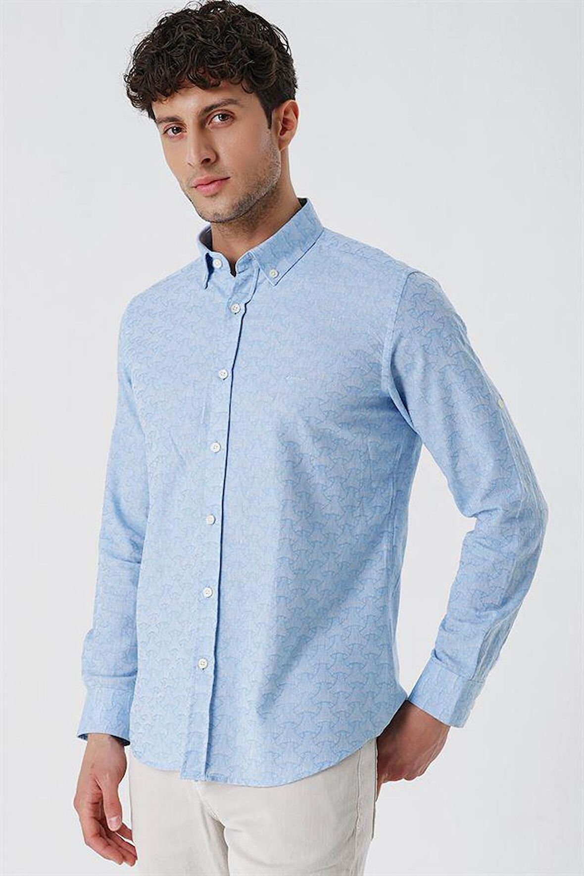 Kısalabilir Kollu Desenli JakarlıCepsiz %100 Pamuk Casual Slim Fit Gömlek 1004230181 Koyu Mavi