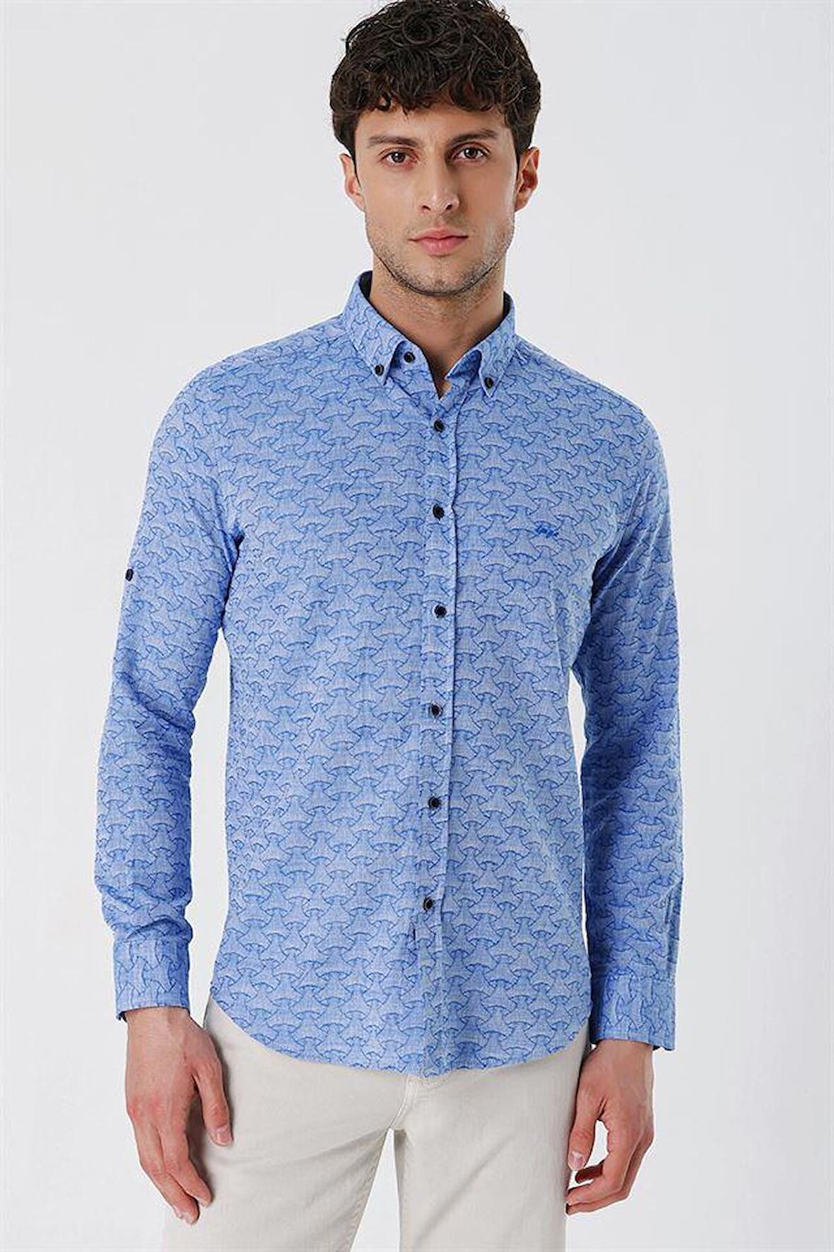 Kısalabilir Kollu Desenli JakarlıCepsiz %100 Pamuk Casual Slim Fit Gömlek 1004230181 Mavi