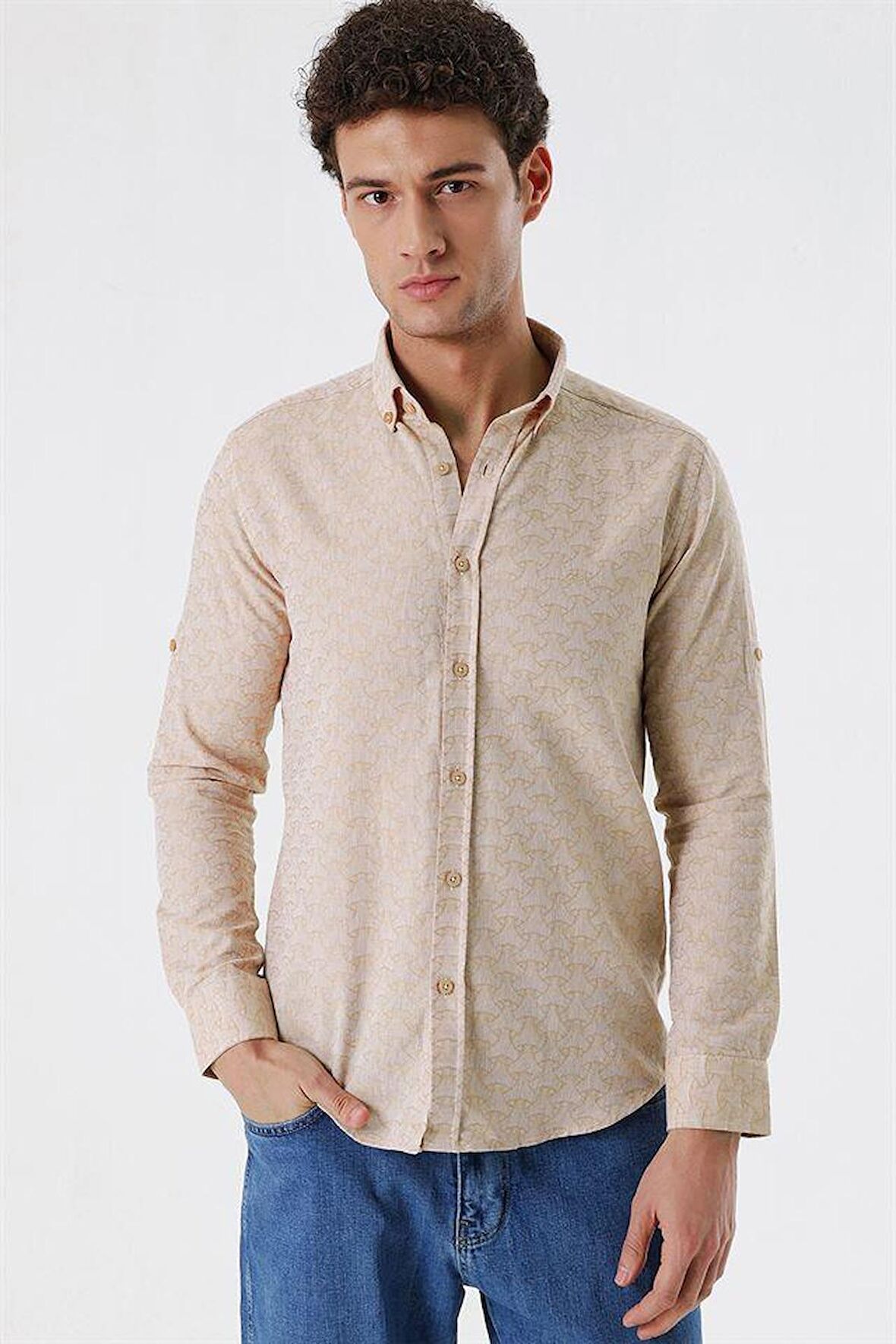 Kısalabilir Kollu Desenli JakarlıCepsiz %100 Pamuk Casual Slim Fit Gömlek 1004230181 Bej