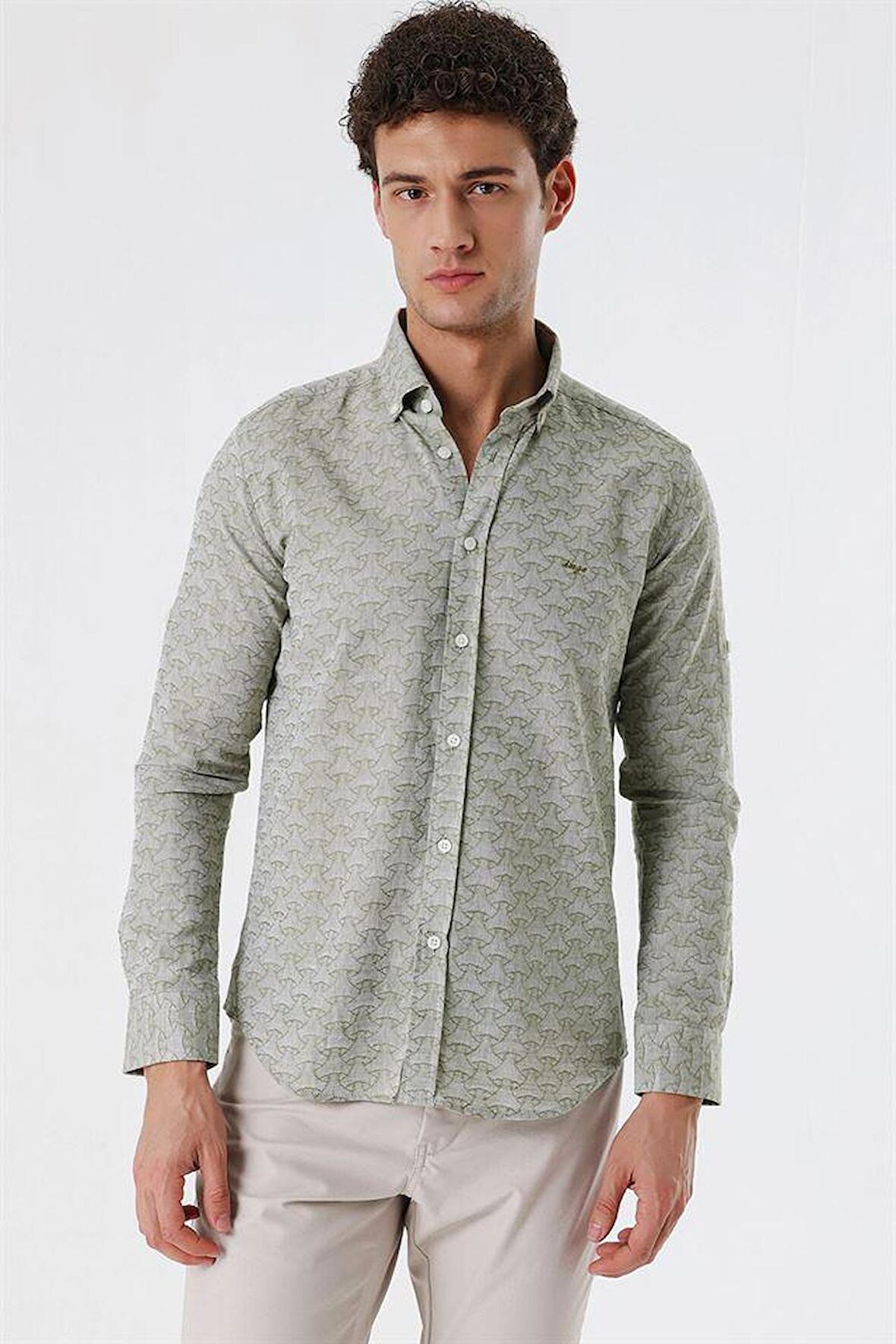 Kısalabilir Kollu Desenli JakarlıCepsiz %100 Pamuk Casual Slim Fit Gömlek 1004230181 Koyu Haki