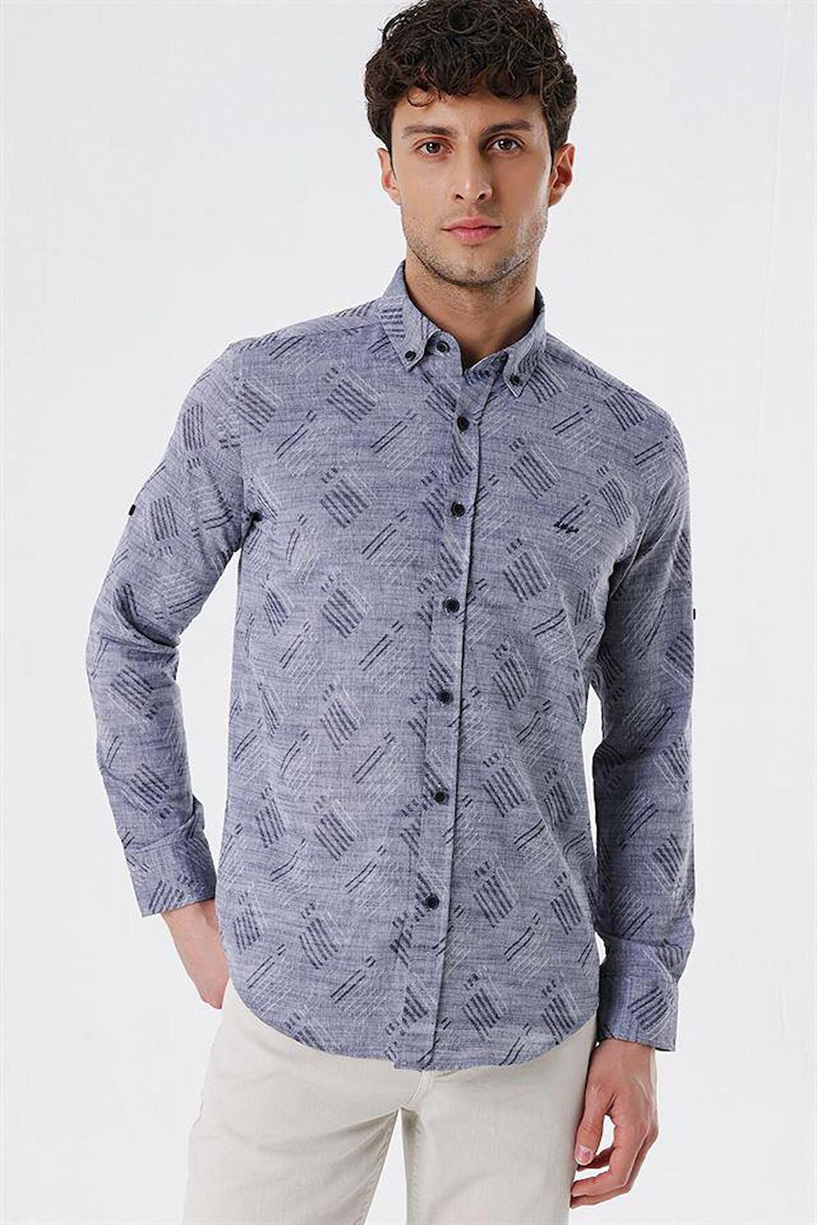 Kısalabilir Kollu Desenli JakarlıCepsiz %100 Pamuk Casual Slim Fit Gömlek 1004230182 Koyu Lacivert