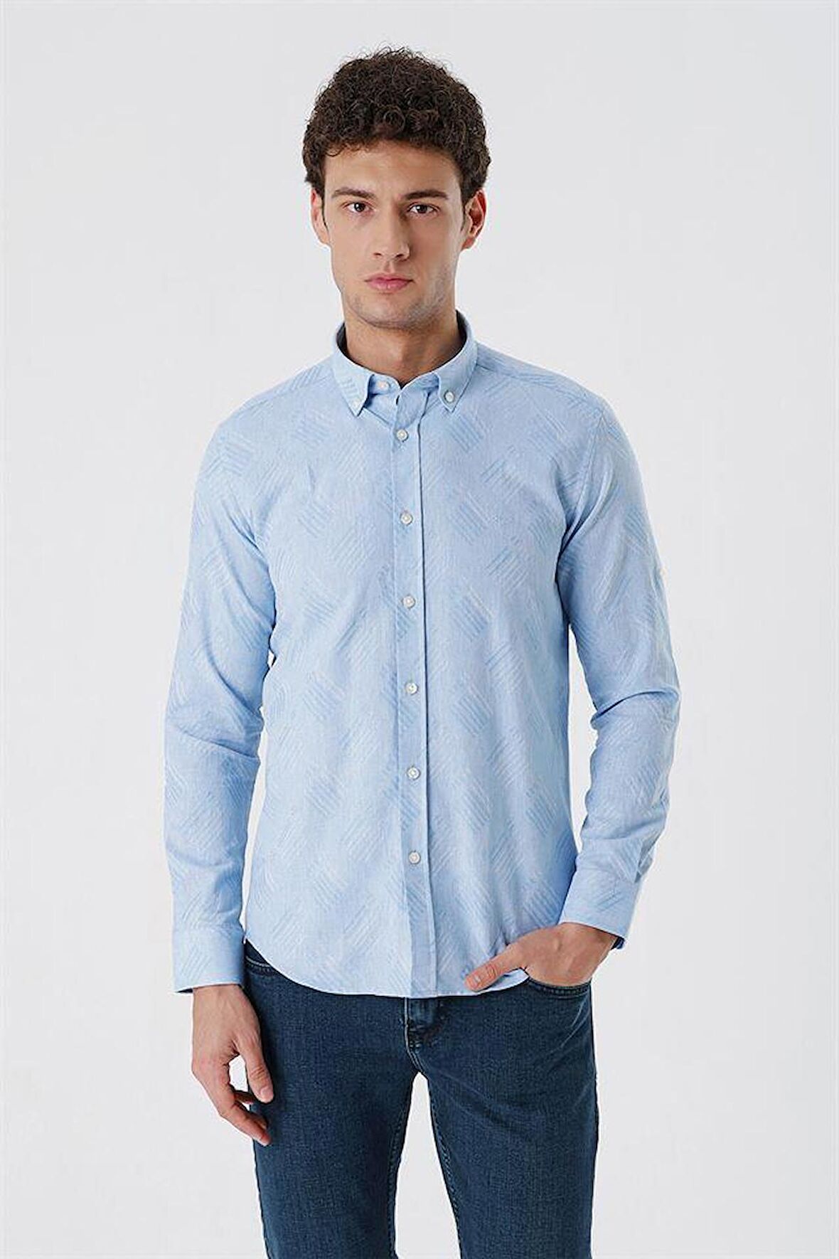 Kısalabilir Kollu Desenli JakarlıCepsiz %100 Pamuk Casual Slim Fit Gömlek 1004230182 Koyu Mavi